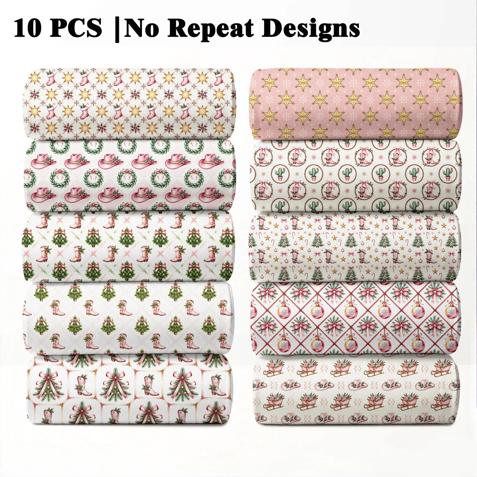 10PCS Pink Christmas Western Print Fabric, 23x55cm (9x22in) Sweet Western Holiday Pattern Quilting Home Decor DIY