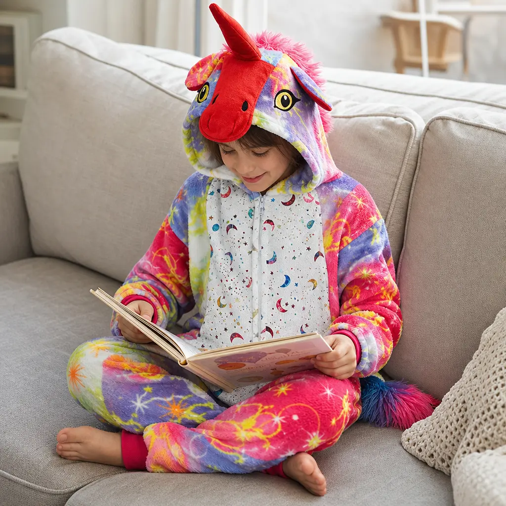 Kids Hooded Onesie Pajamas for Boys Girls - Magical Cosmic Unicorn Loungewear, Cute Toddler Youth 1-Piece Sleepwear with Front Zipper, Warm Starry Jumpsuit, Galaxy Print, Cosmic Theme, Full-Length, Bedroom Wear