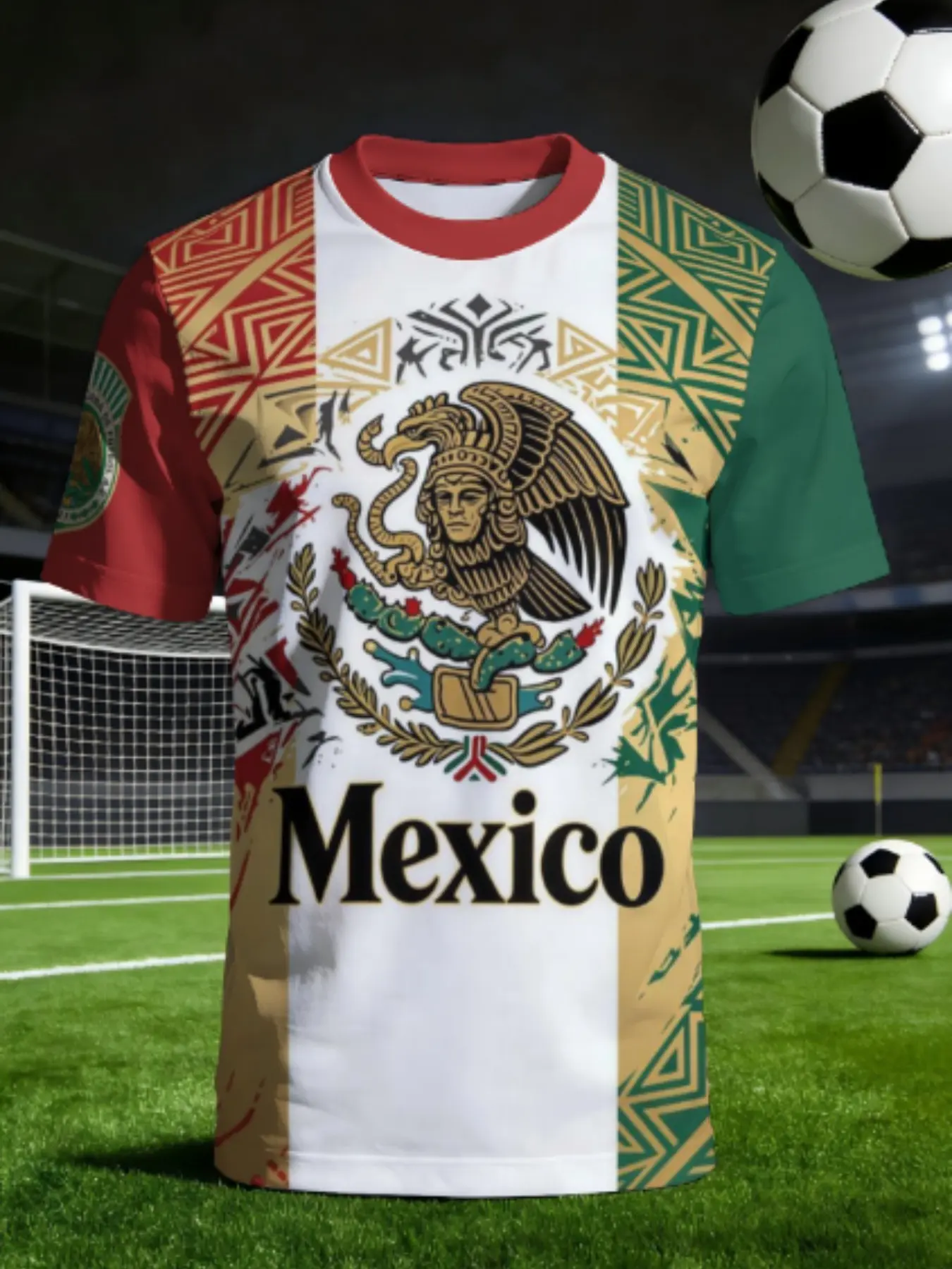 Red White Green Mexico Print Short Sleeve, Men's Breathable Skin-Friendly Casual Sports Jersey, Casual Sports Tops, Casual Patriotic Top, Perfect for Dallas NYC Everyday Wear