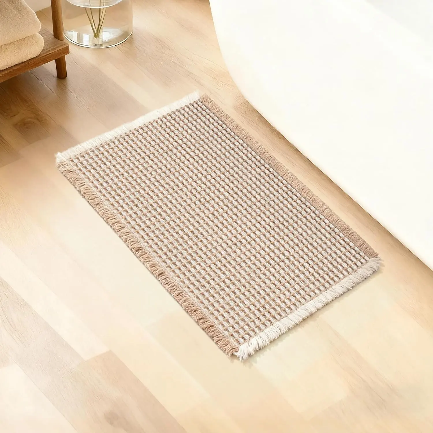 Waffle Bath Mat, Super Absorbent Soft Non-Slip Boho Bath Rugs with Flat-Woven Hot Glue Backing for Bathroom, Machine Washable Bath Mats, 18" × 30", Brown & White