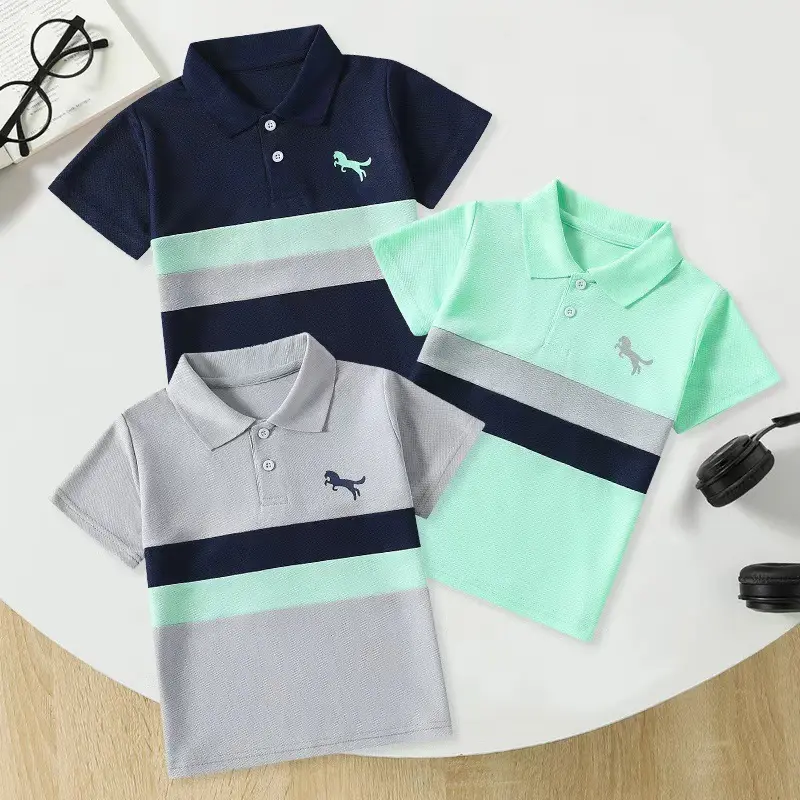 3-Piece Kids' Polo Shirt Set, Horse Print Polo, Patchwork Color Block Design, Ideal for Daily Wear & School