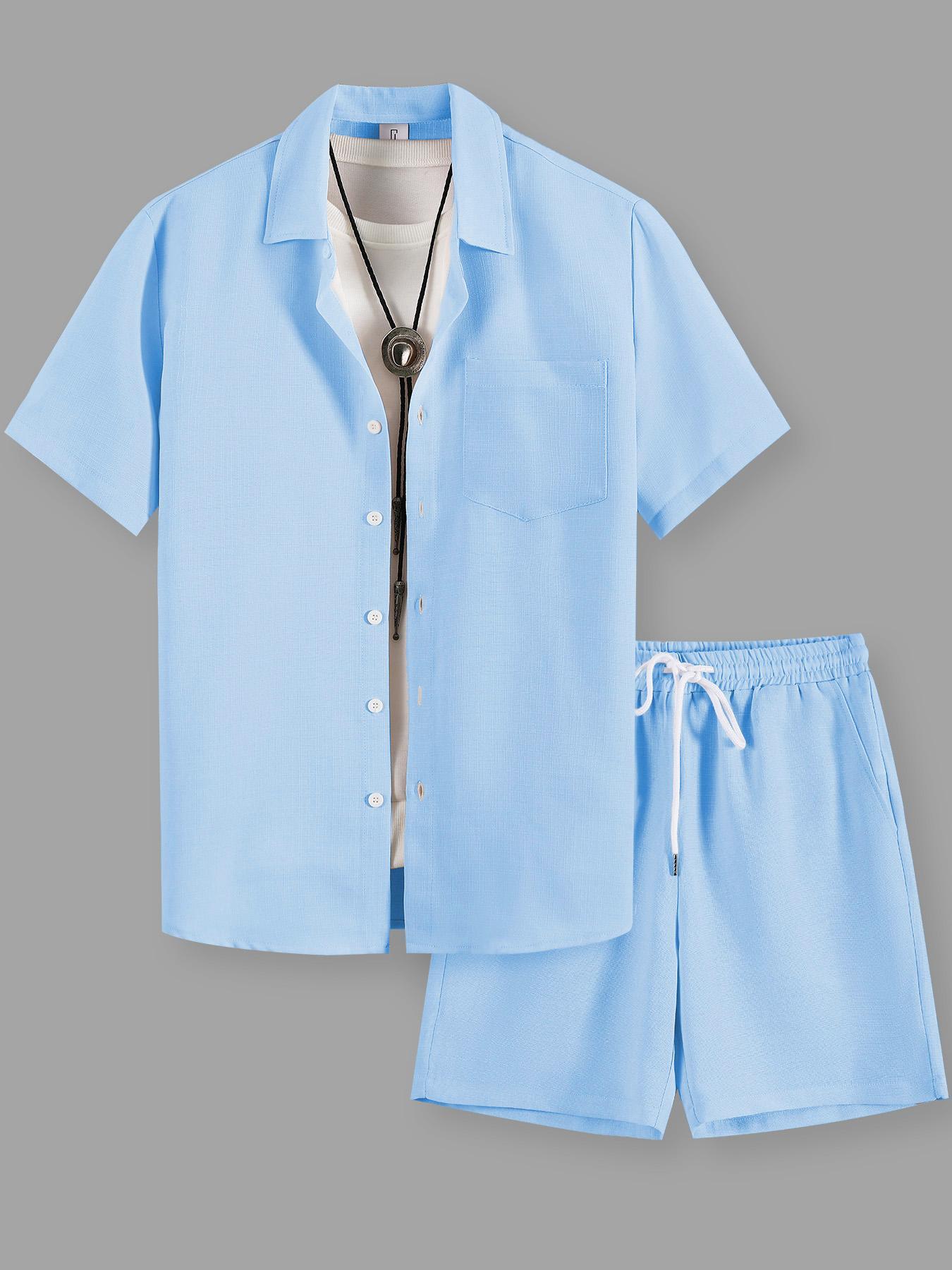 Men's Solid Short Sleeve Shirt & Shorts Loungewear Two-piece Set, Casual Comfy Top & Shorts PJ Set, Pajamas Set, Men's Sleepwear for Summer