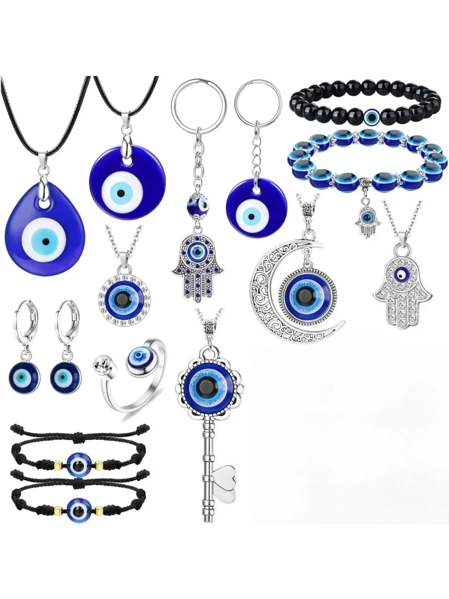 15Pcs Evil Eye Fashion Jewelry Set for Women Men, Turkish Hamsa Hand Pendant Necklace Bracelet Earring Ring Keychain Accessories, Comes with 50Pcs Evil Eye Stickers