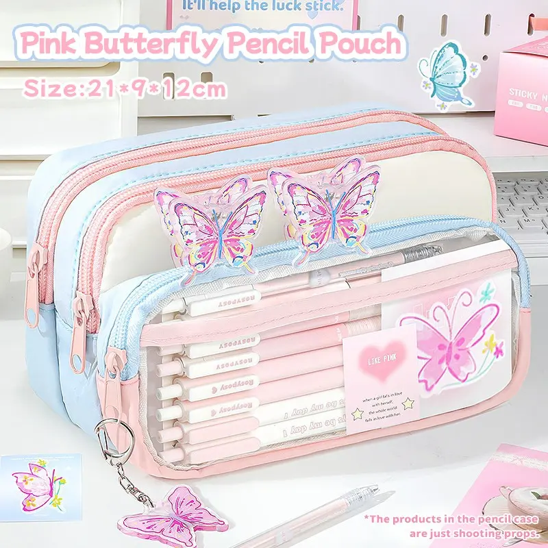 Butterfly Pencil Case, Large Capacity, Transparent Front Pocket, DIY Multi-Functional Stationery Bag, High Aesthetic School Supplies
