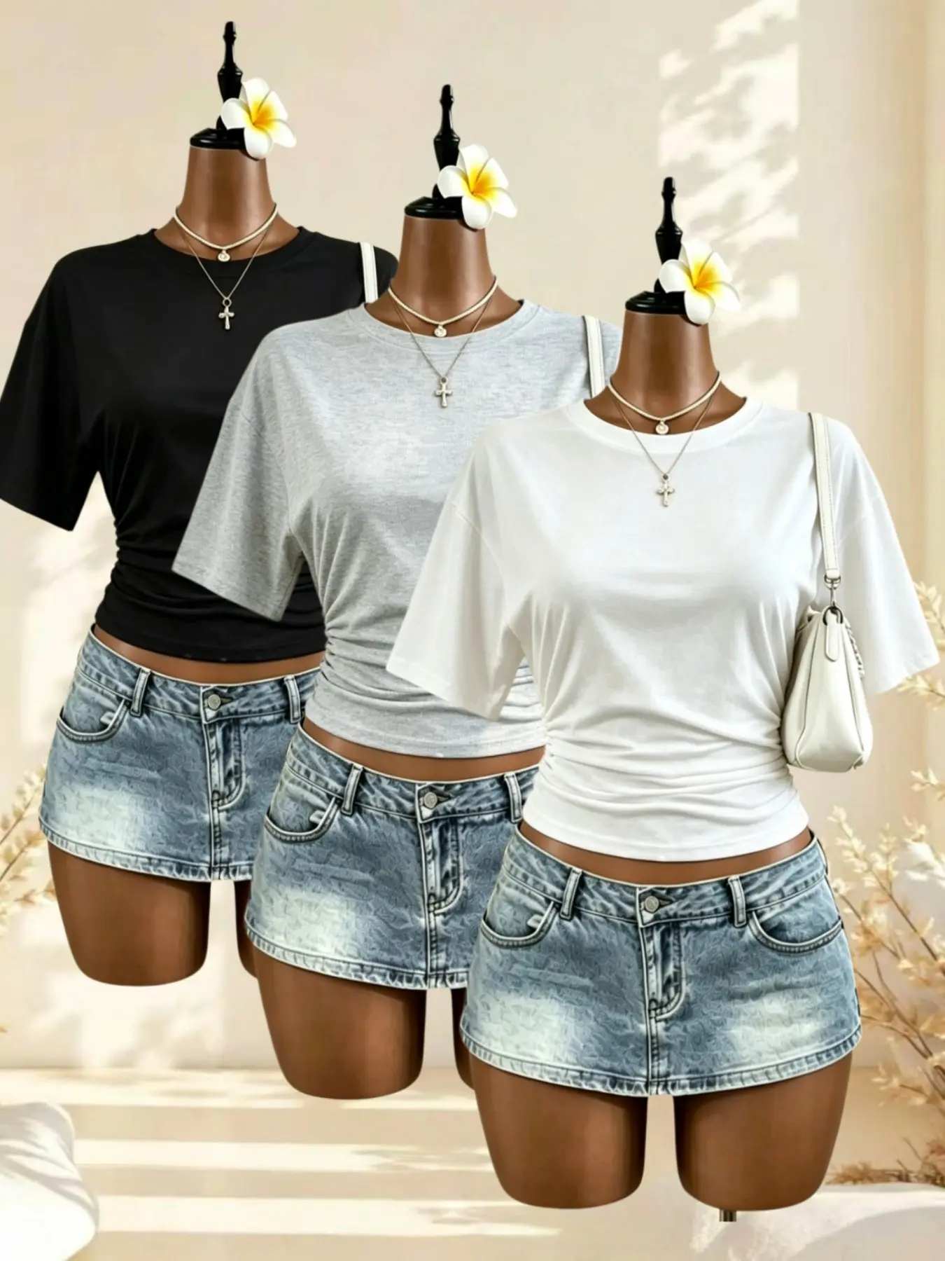 American Style Basic Slim-Fit Pleated Short Sleeve T-Shirt Set, Casual Round Neck Top for Women, Sweet Cool Look, All-Season Wear