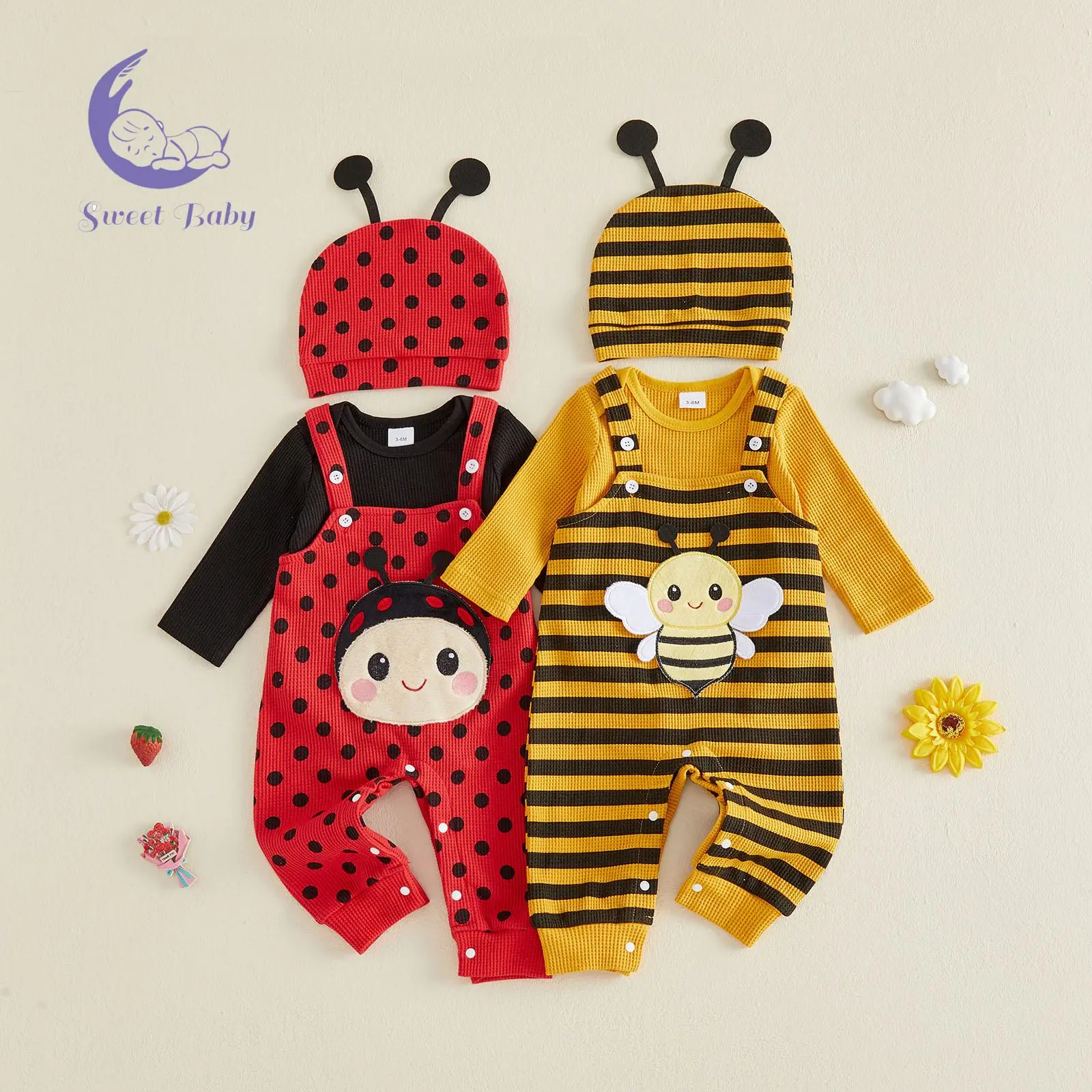 Baby Boys Insect Themed Outfits Adorable Dot Print Long Sleeve Romper and Suspender Pants Hat Set