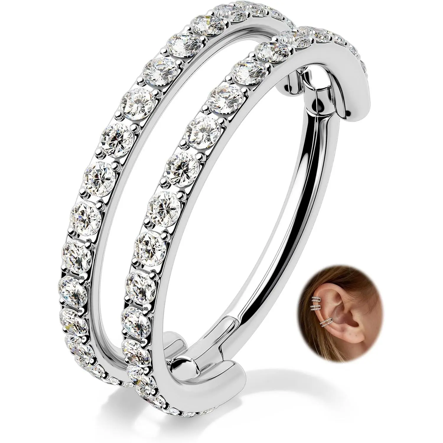 Helix Hoop Earring 16G Double Lined Helix   Hoop 316L Stainless Steel Cartilage   Clear CZ Daith Cartilage Conch Earrings