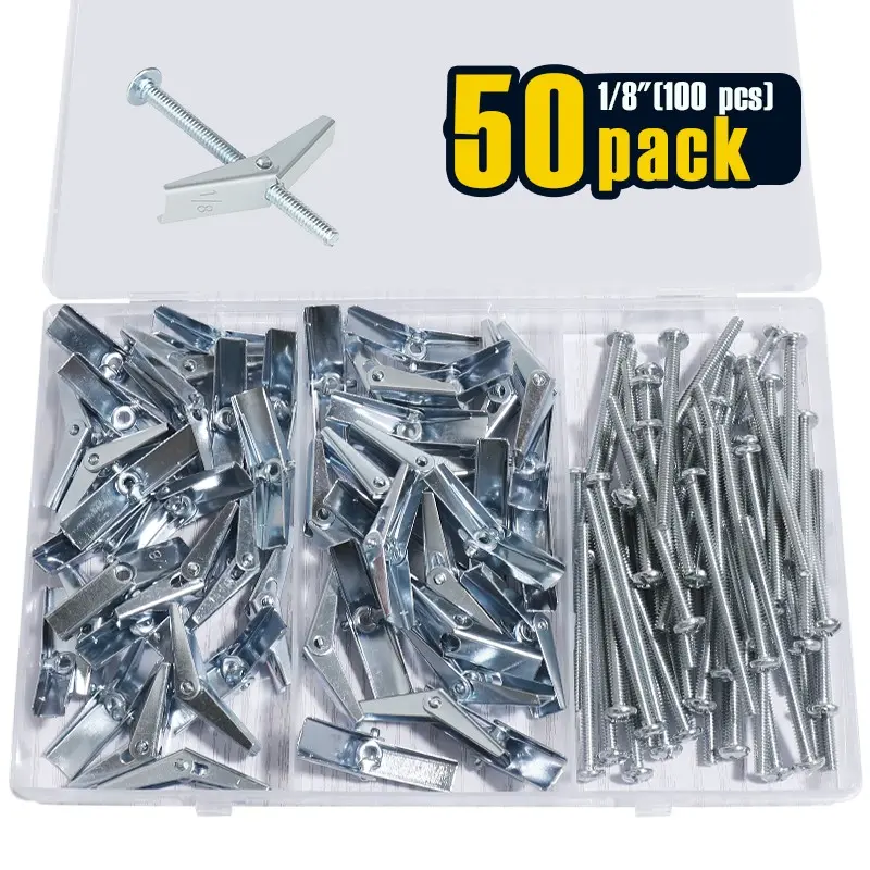 50 Pack 1/8 Inch Toggle Bolts for Drywall, Heavy Duty Metal Drywall Anchors Kit, Dry Wall Anchors and Screws Kit