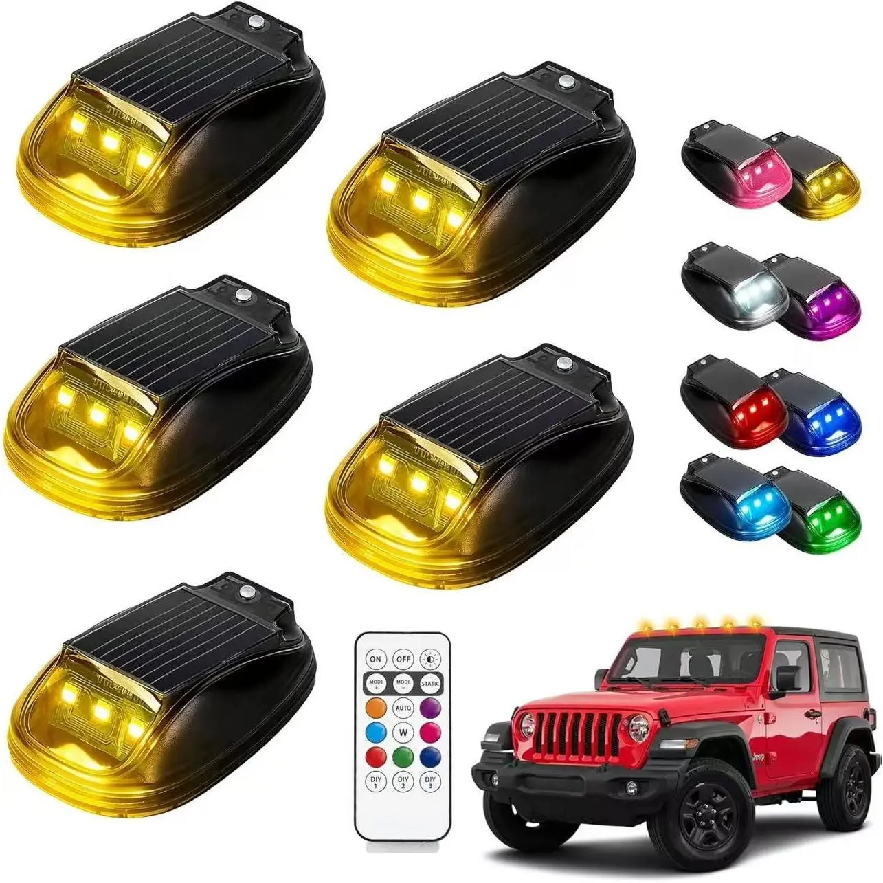 Solar LED Cab Roof Lights for Trucks - 5 Lights, No Drill, Waterproof, with Vibration Sensor, Adhesives, USB Cable, 8 Colors, Auto Off in 30s, Blue Flash, Universal Car Exterior Decoration Accessories, Automotive Car Light, Carlights