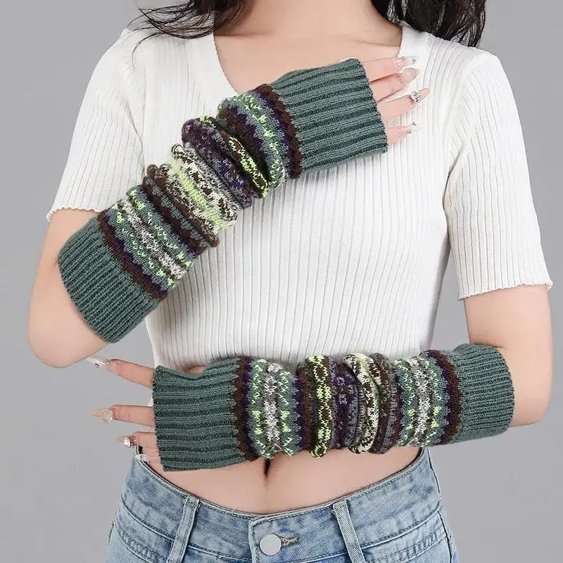 Women's Assorted Colored Fingerless Gloves, Bohemian Thick Knit Arm Warmers with Extended Sleeves, Casual Female Accessory for Fall Winter, Hand Washable, Multicolored Stripes, Assorted Colored Women's Gloves, Keep Warm
