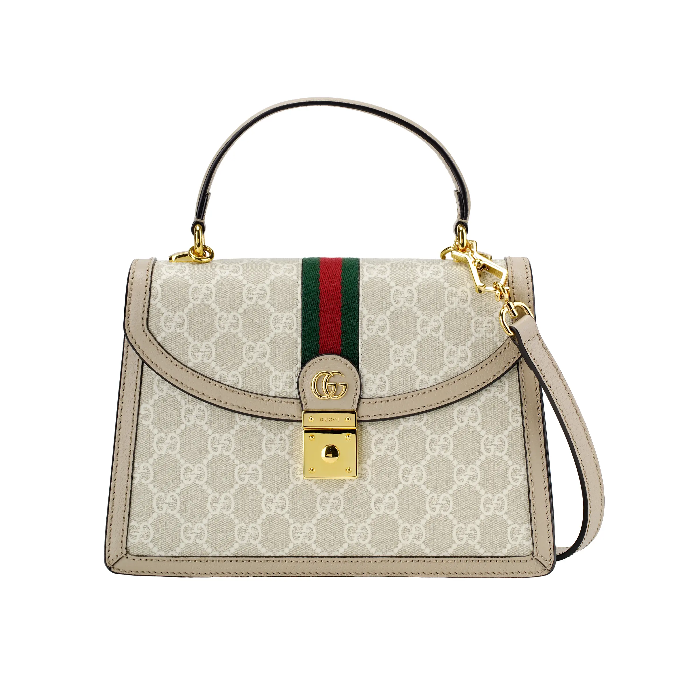 Gucci Ophidia Small Crossbody Bag for Women – Monogram Canvas and Leather with Metallic Buckle, Beige and White