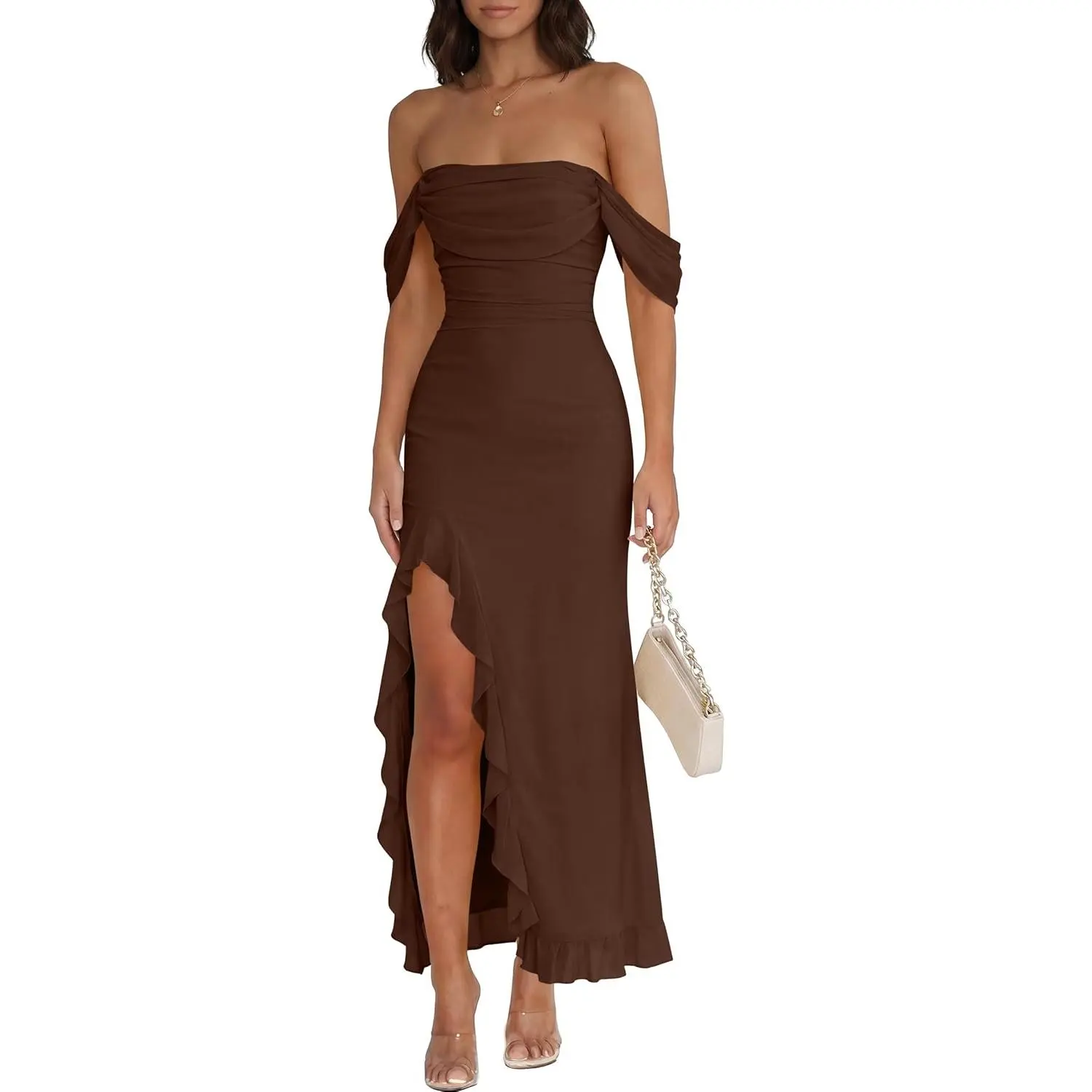 Women's Off-Shoulder Mesh Bodycon Maxi Dress, Slim Fit Formal Gown with High Slit Ruffle Hem for Cocktail, Wedding, Birthday Parties, Light, Elastic, Baby Shower, Solid, Soft, Comfortable, Wedding Guest Dresses
