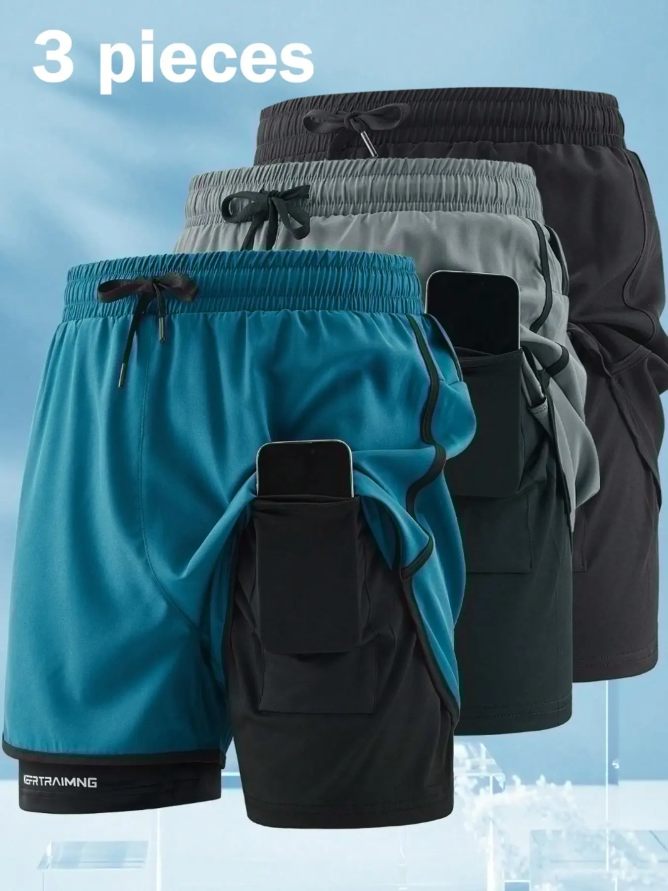 3-Piece Men's Shorts Set, Pocketed Inner Lining, 5/7 Inch Gym Shorts, Anti-Exposure Athletic Wear, Comfortable Compression Gear, Active Athletic Shorts