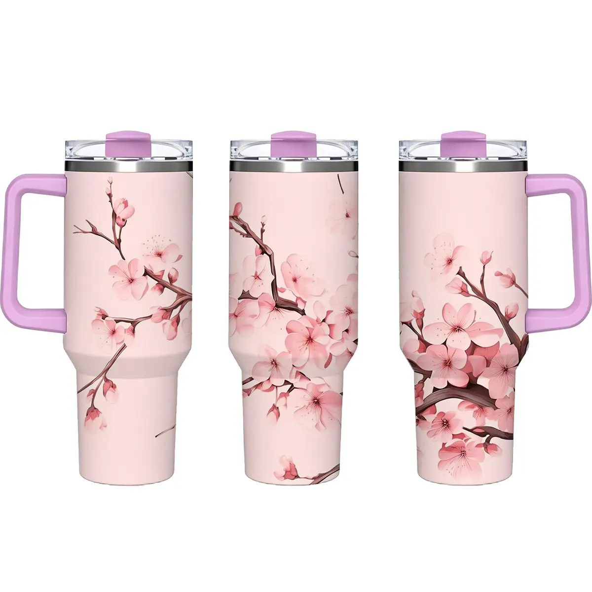 40oz Pink Stainless Steel Insulated Vacuum Flask Tumbler with Handle, Wide Mouth Lid, Straw, Sakura Cherry Blossom Design, Portable Ice Cube Compatible Drinkware, Aesthetic Gift for Women