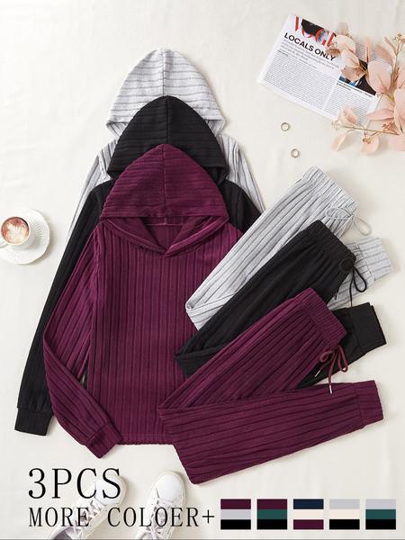 Women's Homecoming Set, 6-Piece Long Sleeve Hoodie Top & Ankle-Length Pants, Ribbed Brushed Fabric, Casual Comfortable Daily Wear, Winter Wear