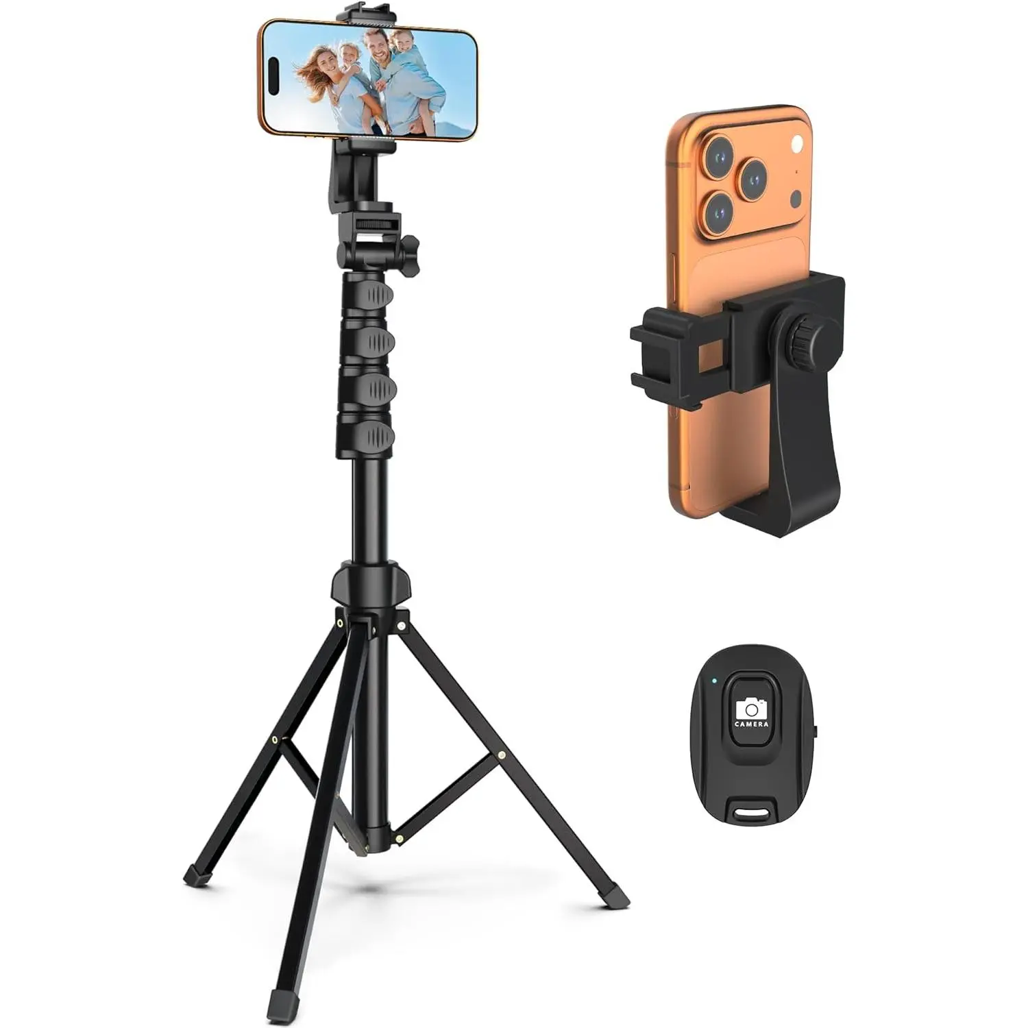64” Tripod for Cell Phone & Camera, Phone Tripod with Remote and Phone Holder, Sturdy &  Height Adjustable Multi-Angle Shot Selfie Stick Tripod for Video Recording