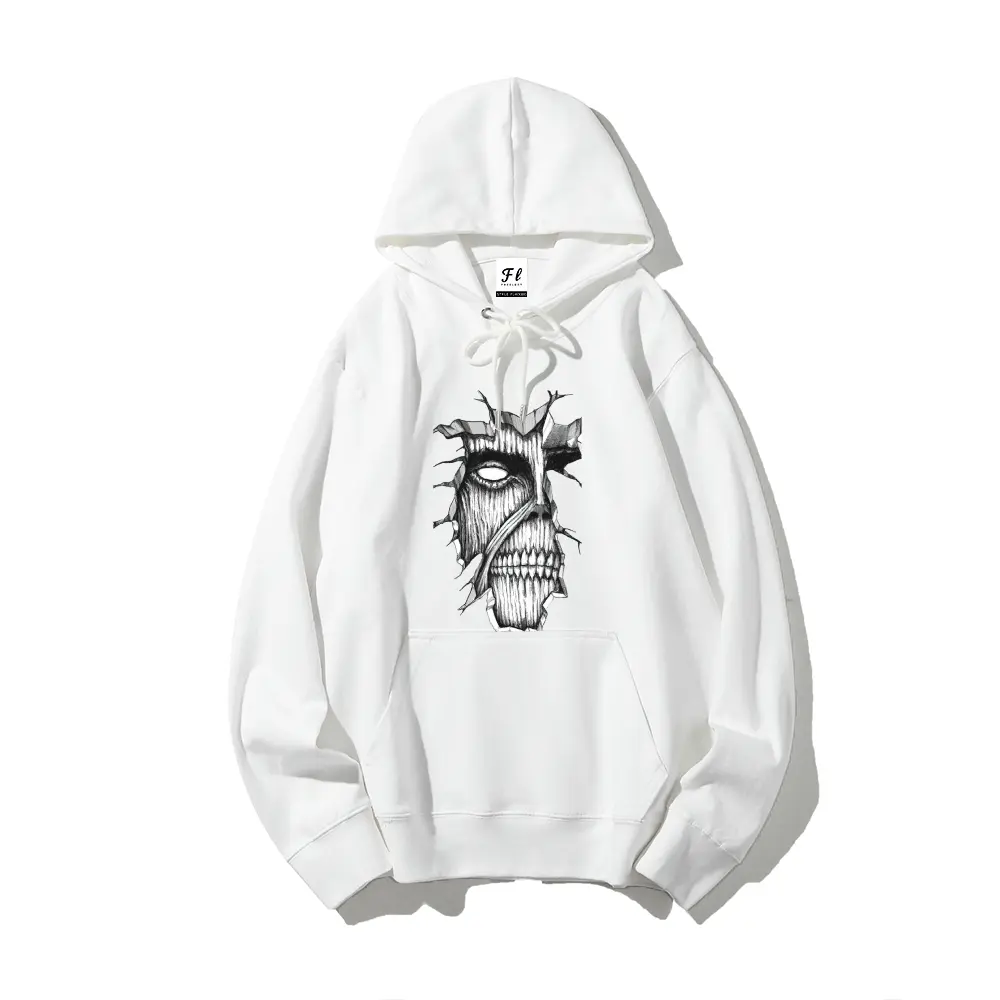 Men White Double Sided Print Pullover Hoodie, Front Cracked Skull Giant Face Graphic Back Horror Monster Collage Art Sweatshirt, Oversized Soft Fleece Kangaroo Pocket Hooded Top, Dark Manga Fantasy Streetwear Long Sleeve Hoodie for Men Teen Anime Enthusia