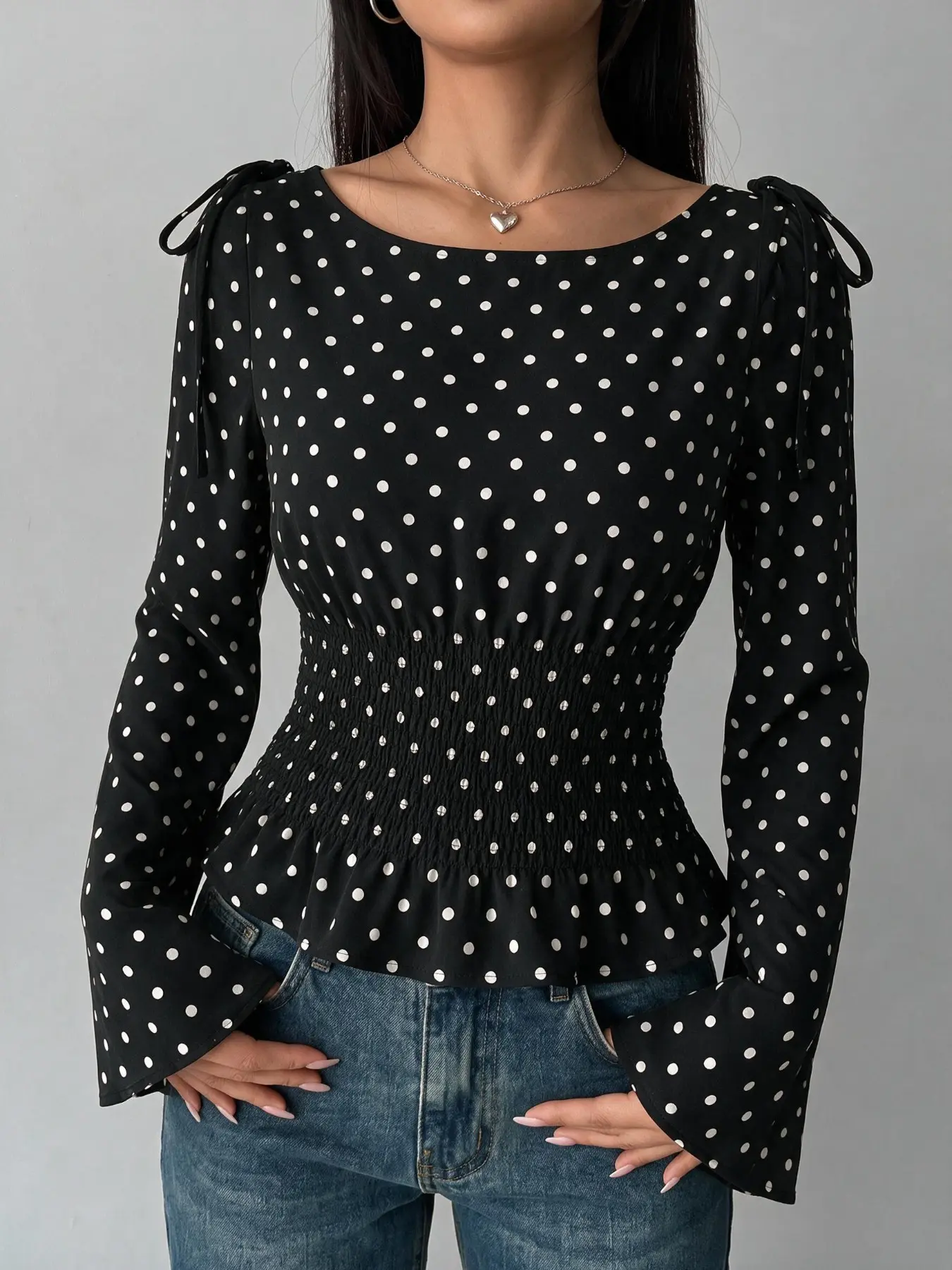 Vintage Polka Dot Shoulder Tie Flare Sleeve Blouse Shirts, Smocked Waist Ruffle Hem Casual Long Sleeve Top For Women Summer Daily Wear
