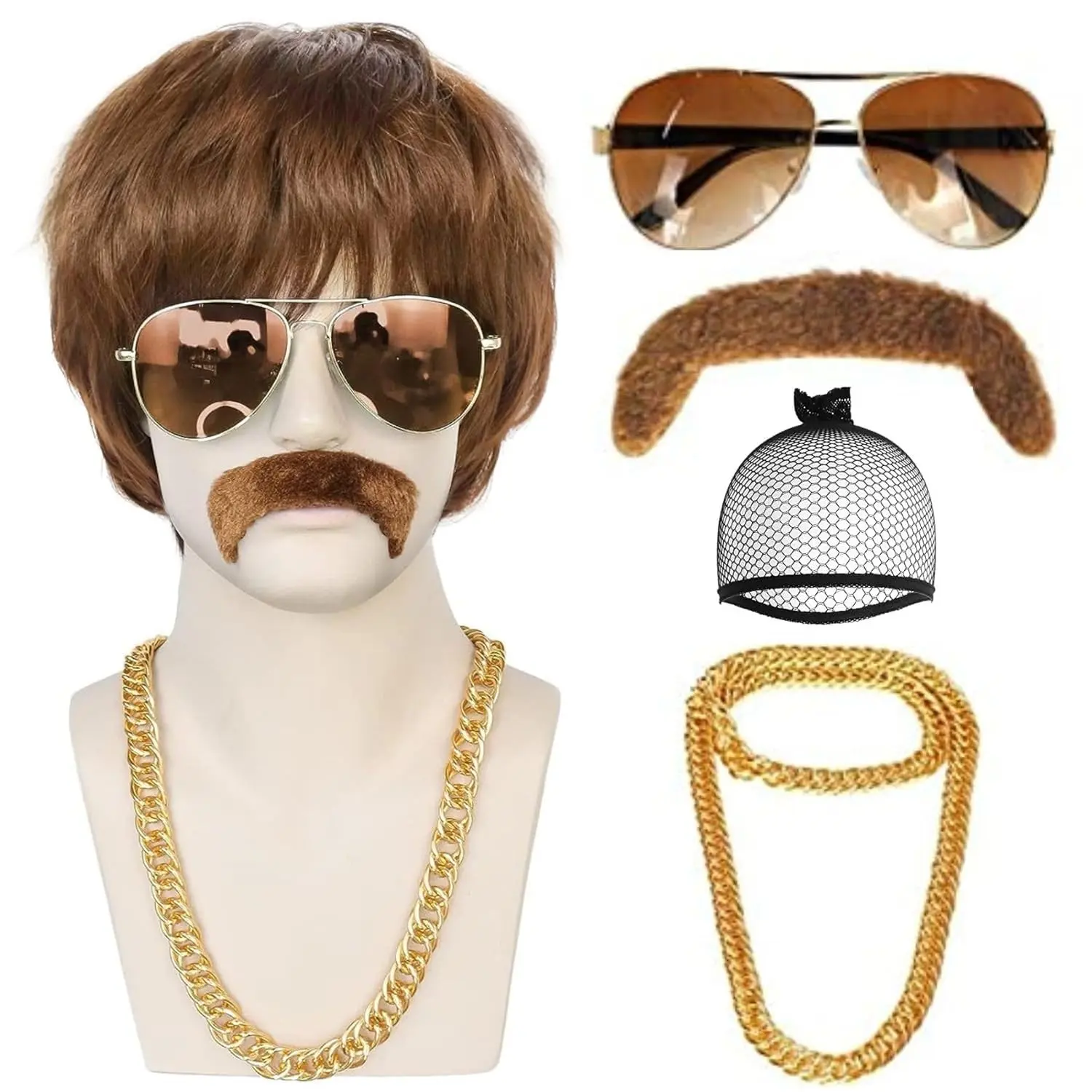Men's 5-Piece Disco Wig Set Dark Brown 70s 1970s Rocker Costume with Hair Cap Glasses Chain Mustache Shaggy Wig 60s 70s 80s Retro Funny Hippie Outfit for Halloween Cosplay Party(Gift)