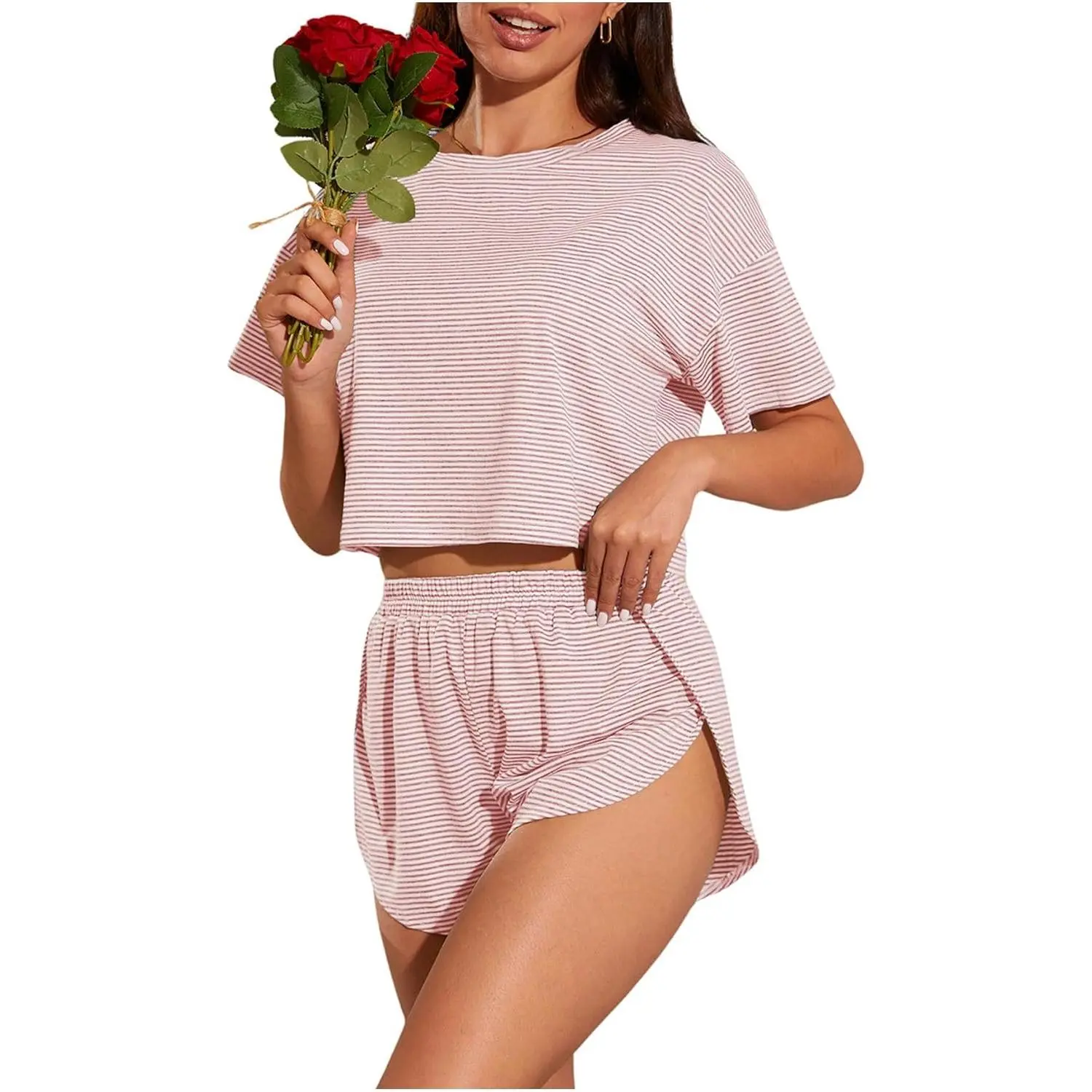 Womens Pajama Sets 2 Piece Sexy Lounge Sets Summer Cute Pjs Striped Print Tee and Side Split Shorts Set