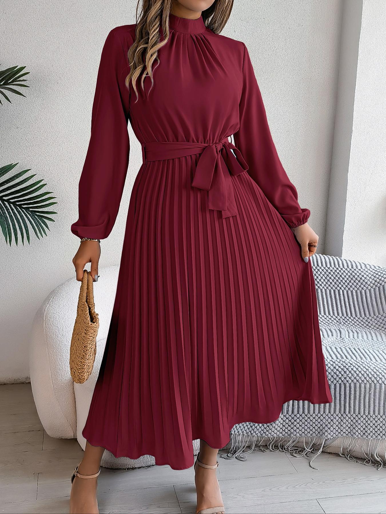 Women's Elegant Chic Long Sleeve Belted Pleated Dress, Spring & Fall Fitted Plain Design, Middle East Style Maid of Honor Gown