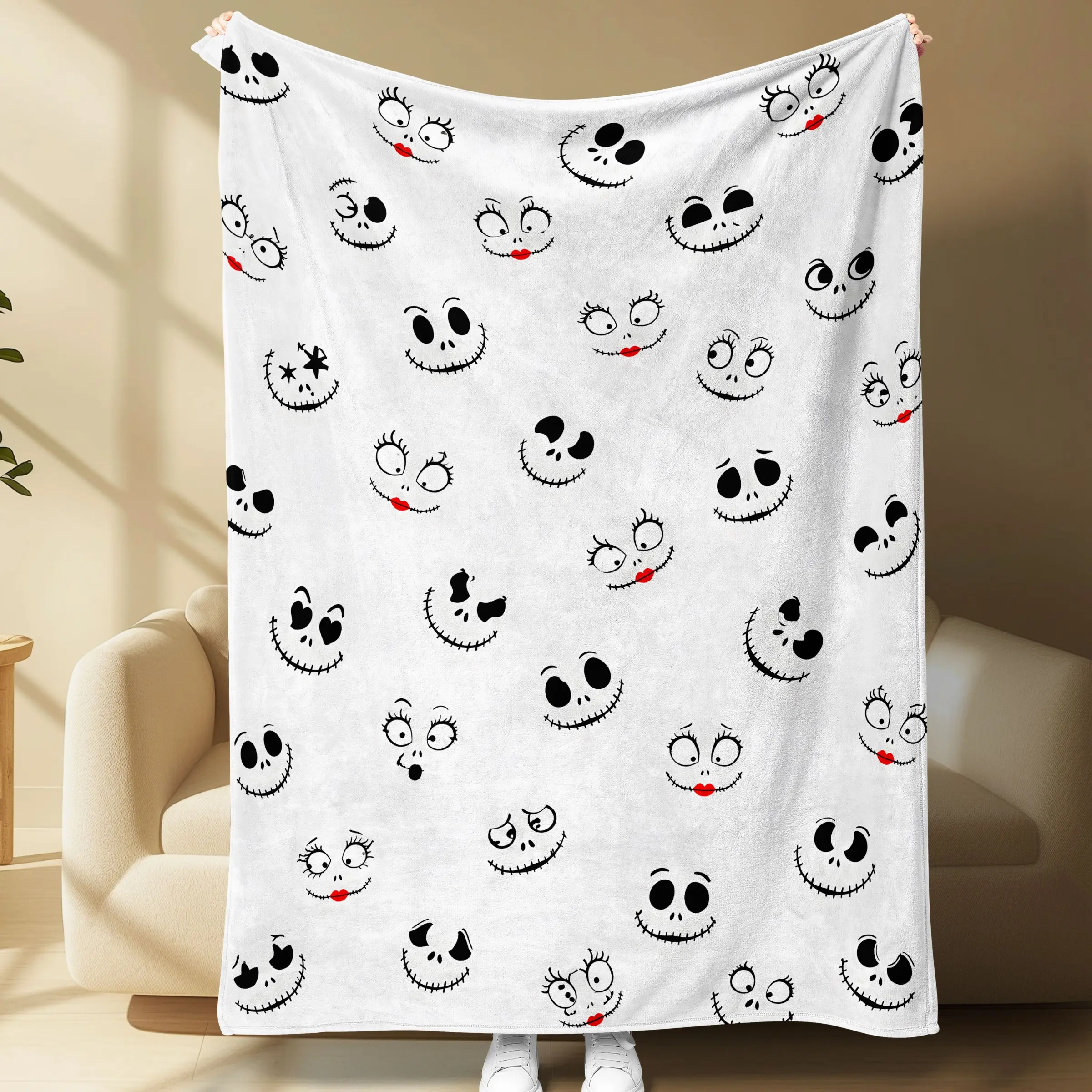Jack Skellington Sally Flannel Throw Blanket, Soft Cozy Warm Fleece Blanket, Halloween Decor Gift, Couch Sofa Bed Cover
