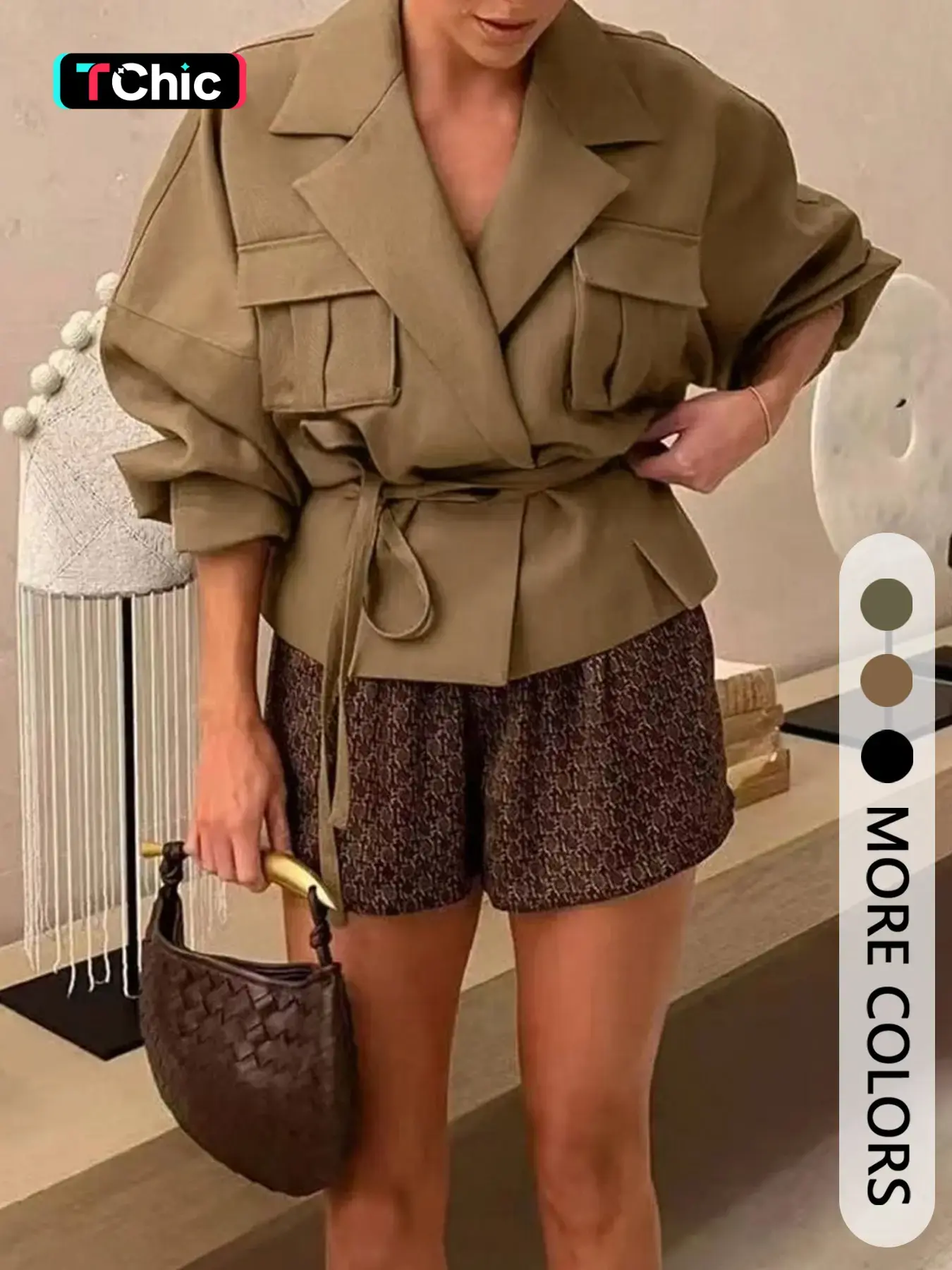 Women's Belted Utility Jacket Oversized Puff Balloon Sleeves Notched Lapel Collar Flap Pocket Detail Wrap Silhouette Trendy Chic Style Perfect for Date Night Brunch Looks