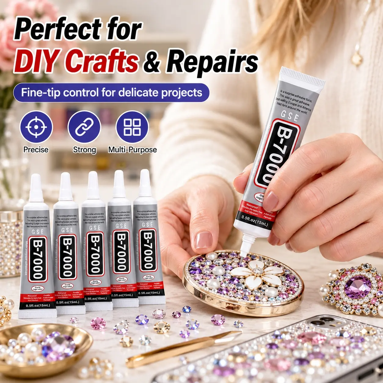 5 Pack B7000 Clear Adhesive Glue, 15ML/50ML Precision Tip Craft and Repair Glue with Anti-Clog Cap, Quick-Drying Flexible Bond for Jewelry Making, Rhinestones, Beads, Phone Screens, Cases, Fabric, Shoes, Nail Art, Decorations and Home DIY