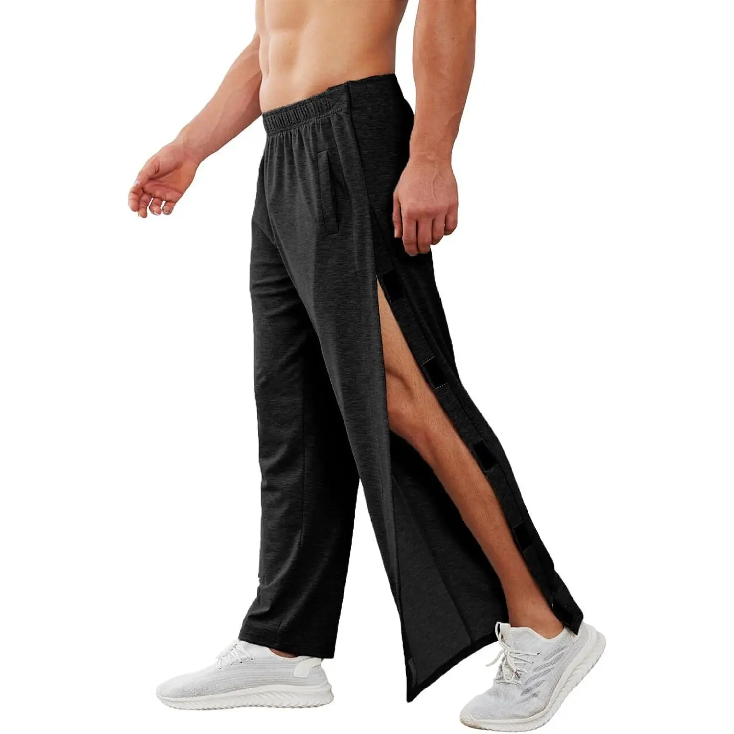 Men's Tear Away Pants 2 Side Snap Open Bottom Sweatpants Loose Fit Casual Post Surgery Pants with Pockets(Gift)