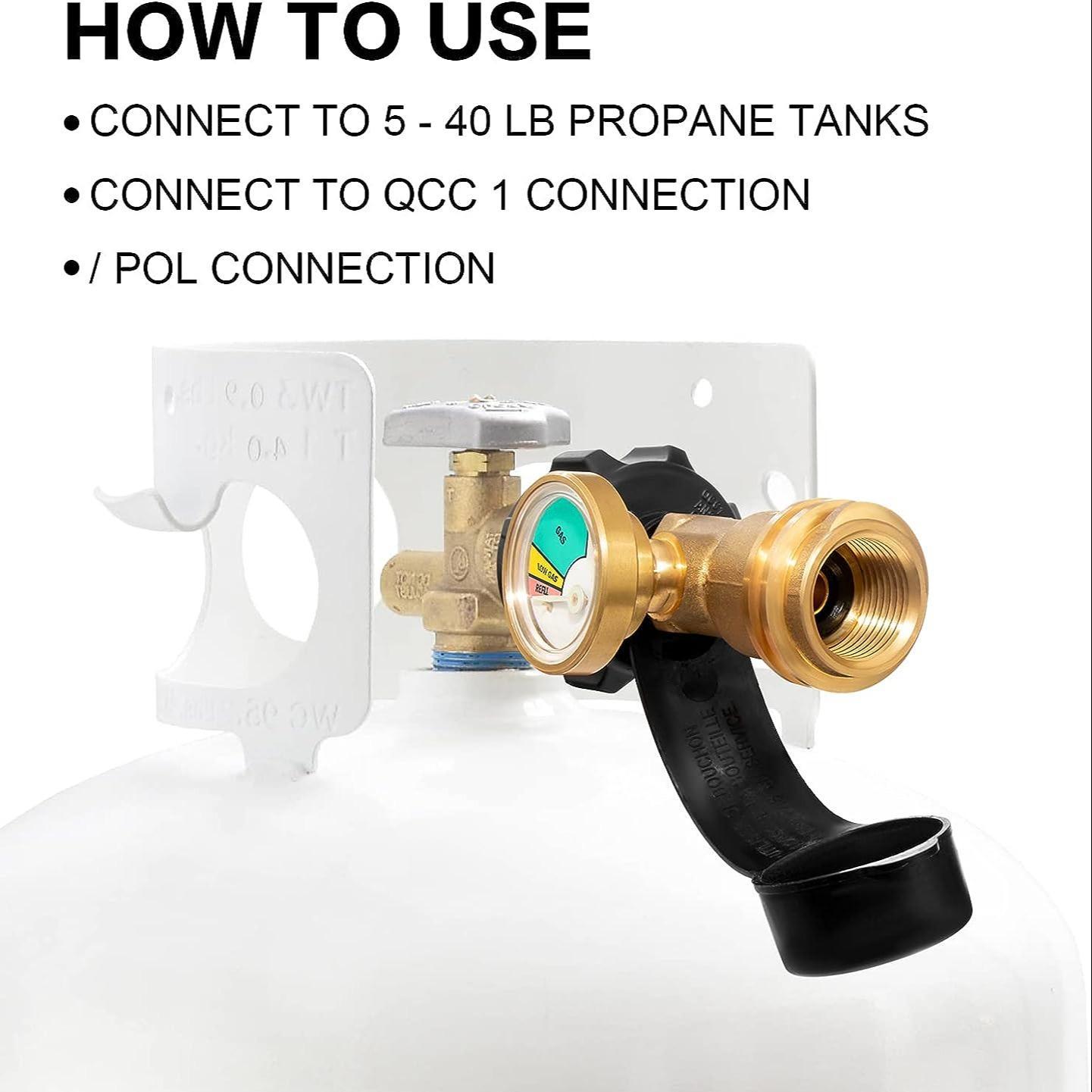 Propane Tank Gauge, Brass Construction, Propane Level Indicator, Low Fuel Level Monitoring for 5-40lb Tanks, Perfect for RV Camper, Camping, Propane Heater, Fire Pit, Gas Grill and More, QCC1/Type 1 Connection, Universal Compatibility
