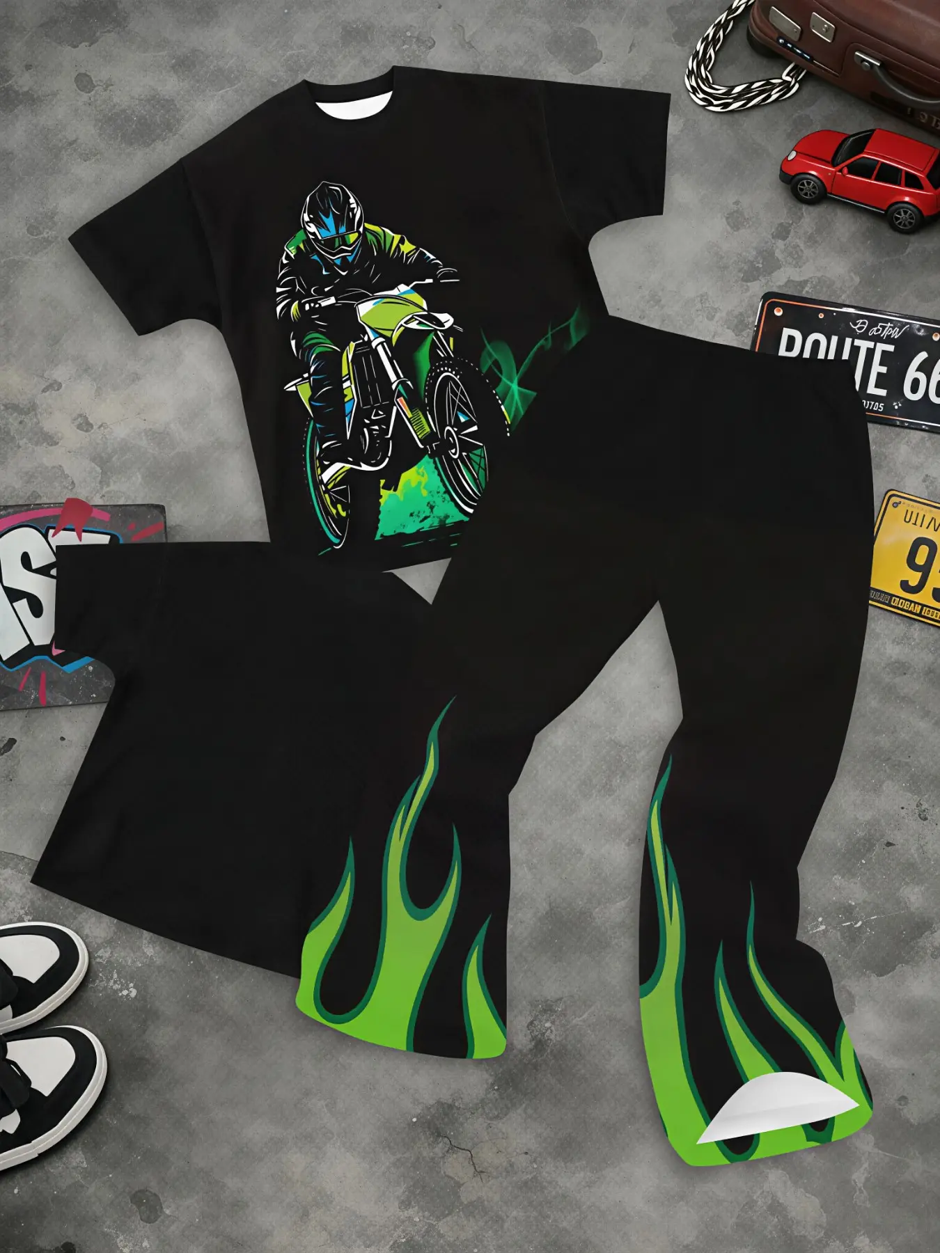 Motorcycle Racer Green Fire Graphic Men Curved Blade Pants Set, Skin Friendly Lightweight Short Sleeve Top, Elastic High Waist Black Bottom Flame Curved Trousers, Outdoor Skate Park Casual Suit, Trending Edgy Street Adult Fashion