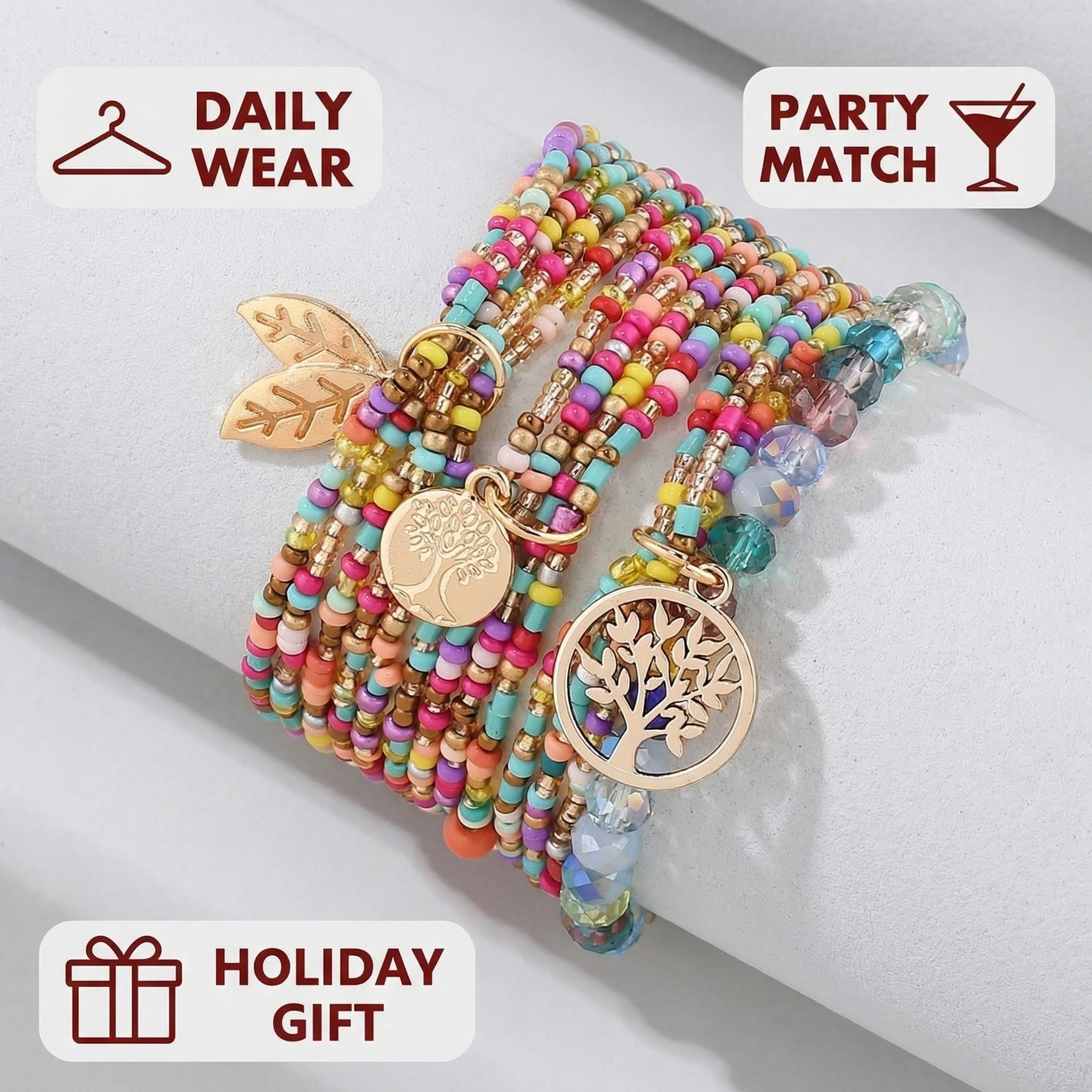 3pcs/set Bohemian Beaded Bracelet for Women, Handmade Elastic Stretch Bracelets with Tree Leaf Pendant, Colorful Rice Beads & Crystal Flat Beads for Summer Beach