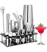 THE WELL KEPT Cocktail Shaker Set, 23-Piece Boston Stainless Steel Bartender Kit with Acrylic Stand & Cocktail Recipes Booklet, Professional Bar Tools for Drink Mixing, Home, Bar, Party (Include 4 Whiskey Stones) Utensils