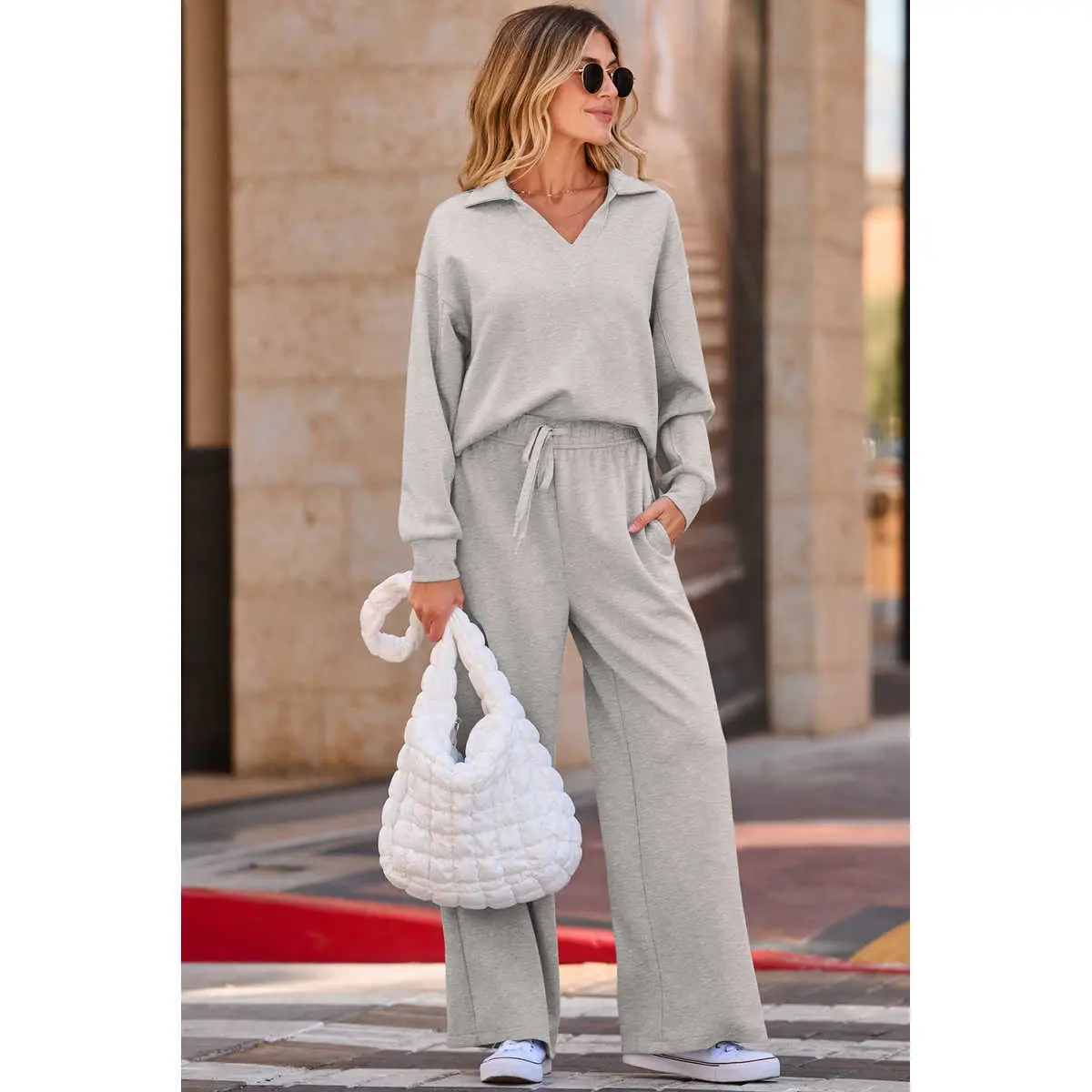 Gray Solid Color V Neck Top and High Waist Pants Set