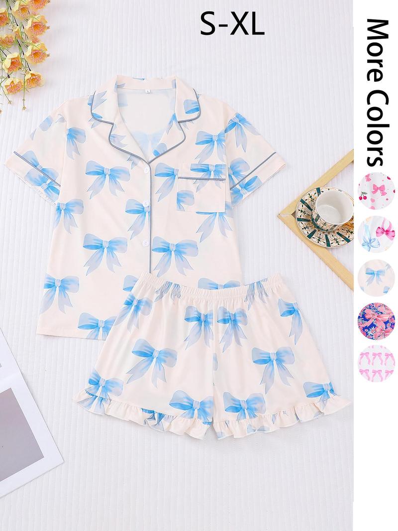 Women's All Over Print Pajama Set, Casual Comfy Short Sleeve Lapel Neckline Pocket Shirt & Shorts PJ Set, Ladies Summer Sleepwear, Sleepwear Pajamas Set