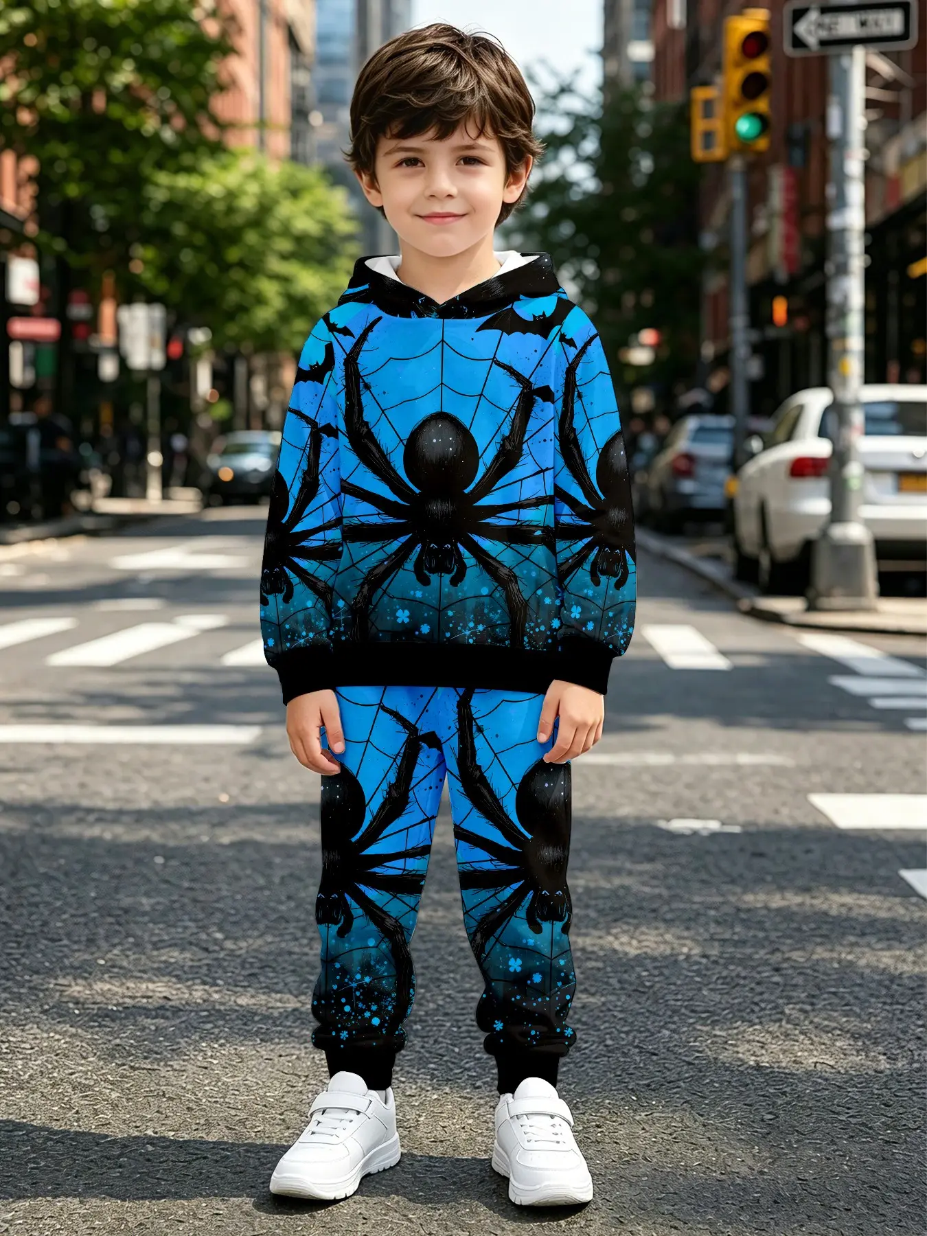 Halloween Costume Set, Blue Starry Spider Web Spider Print Hoodie Long Pants Two-Piece Set, Casual Loose-Fit Suit