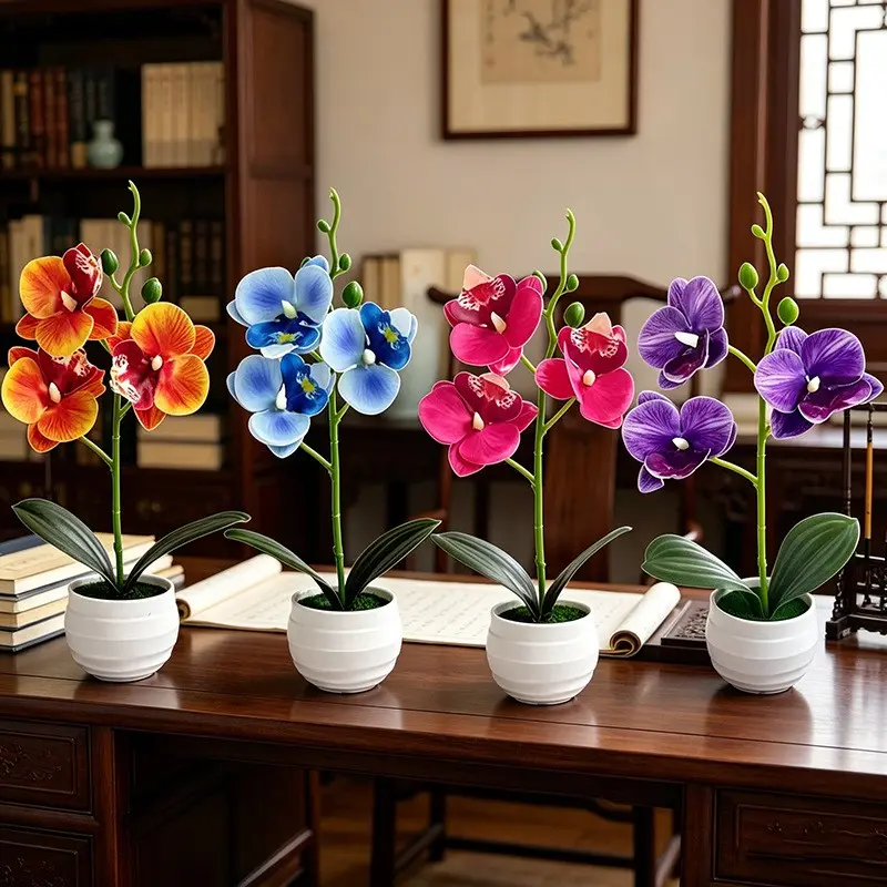 4-Piece Set Butterfly Orchid Flower Arrangement, Indoor Home Desk Decor, Artificial Plastic Flowers, Mini Fake Pots for Office & Living Room