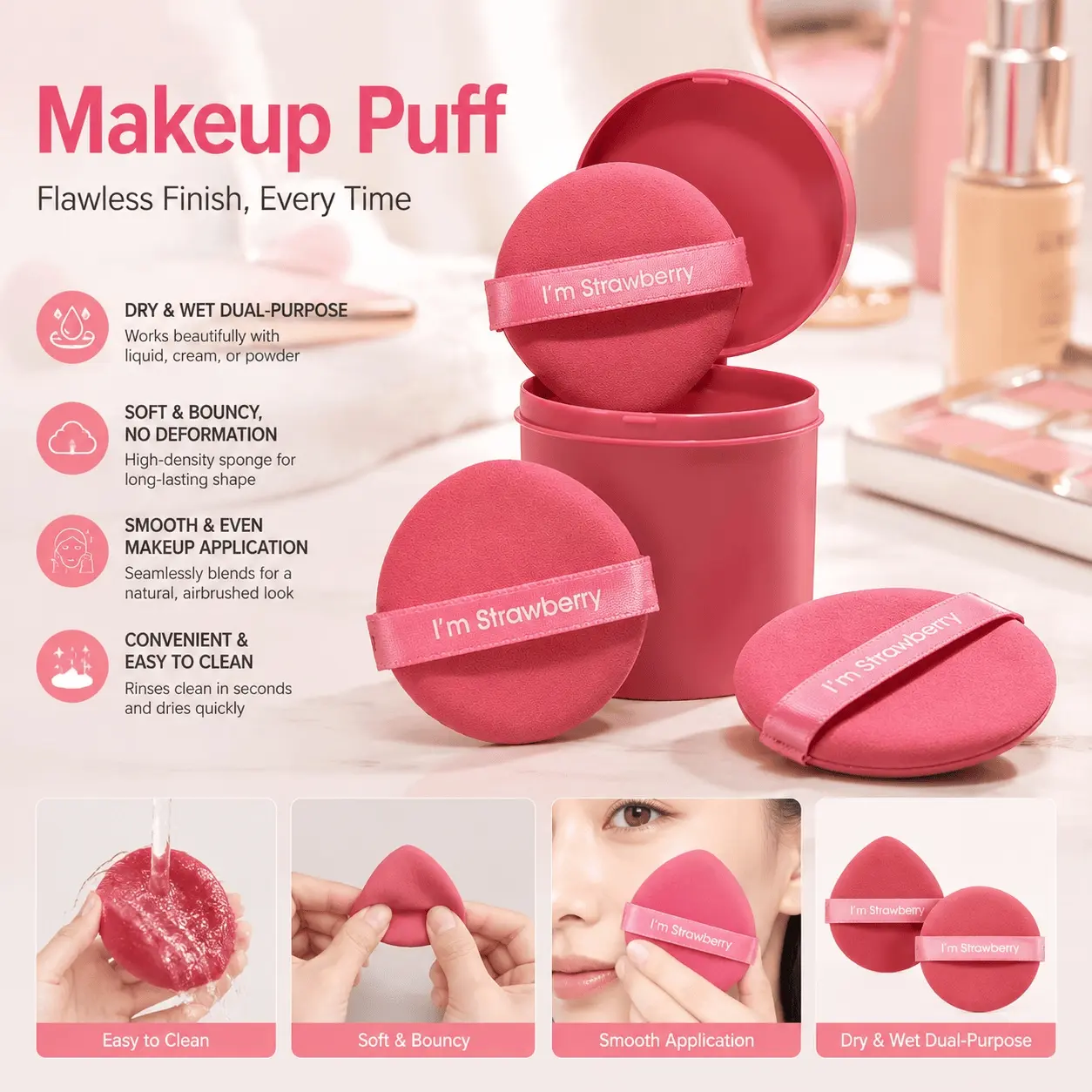 Skin-Friendly Multi-Purpose Makeup Sponges, Beauty Sponge, Set of 7, Anti-Mold, Bacteria Resistant, Washable & Durable, for Foundation & Concealer, Includes Portable Pouch, Individually Packaged