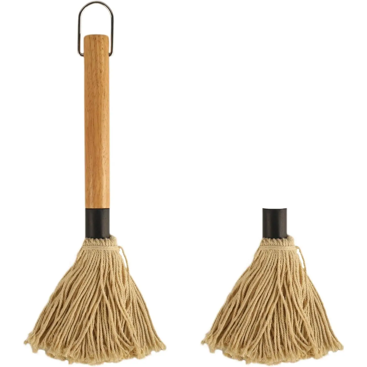 11.2 Inch BBQ Mop Brushes for Sauce, Grill Basting Mop Wooden Long Handle with 1 Extra Replacement Heads for BBQ Grilling Smoking Steak