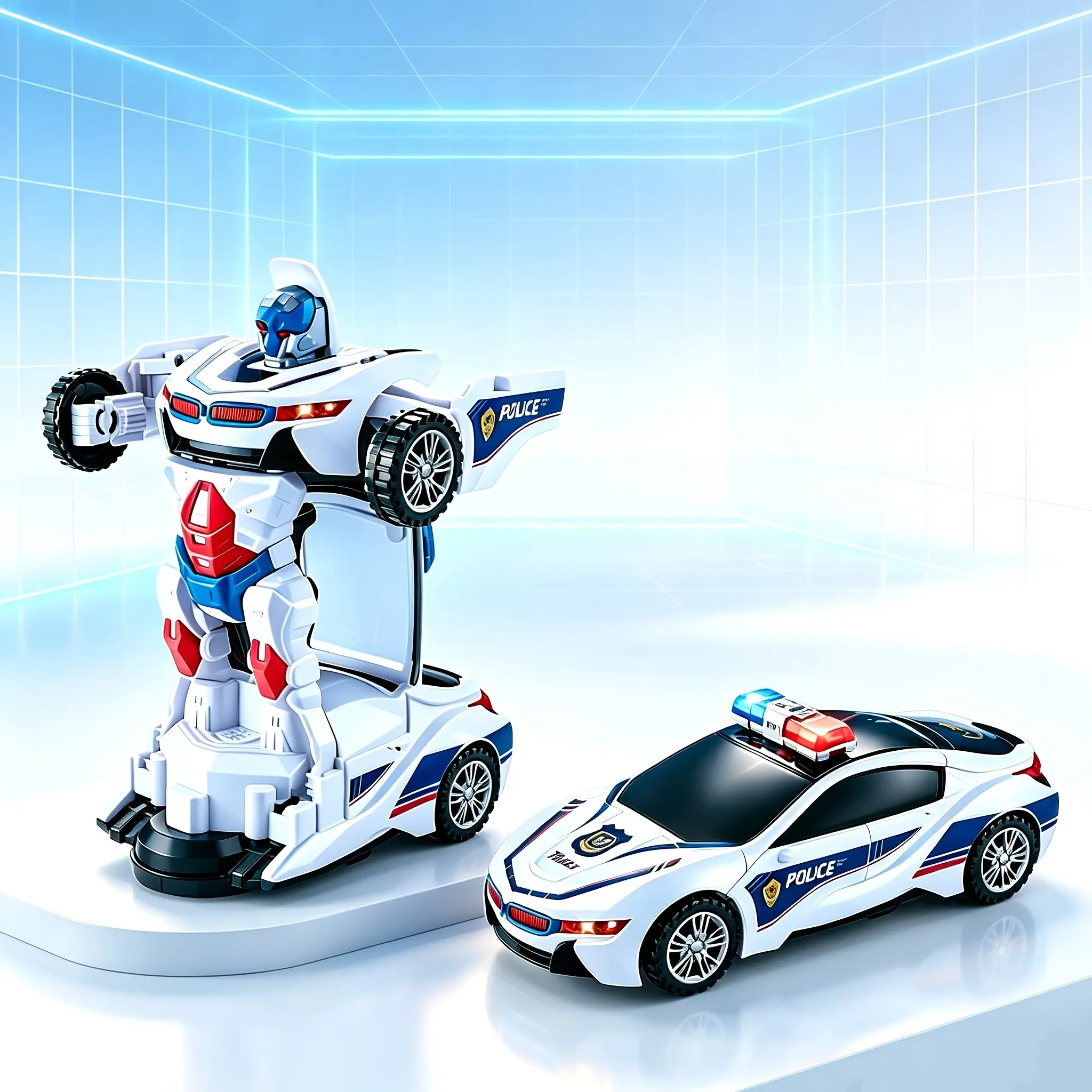 Fully Automatic Transforming Police Car, Electric Omnidirectional Car Robot Model with Lights and Music, Electric Police Car Transforming Robot Toy, Colorful Lights and Music Omnidirectional Moving Car, Omnidirectional Automatic Obstacle-Avoiding Police C