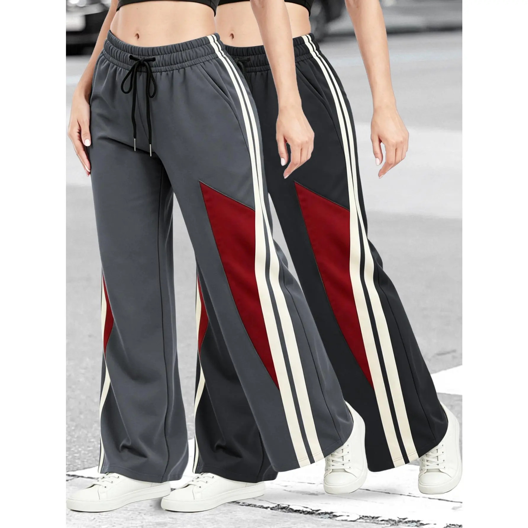 Women's 2PCS Color Block Side-Striped Wide Leg Athletic Track Bottoms, Elastic Adjustable Drawstring High Waist, Breathable Lightweight Fabric, Loose Casual Streetwear Sports Clothes, Everyday, Style