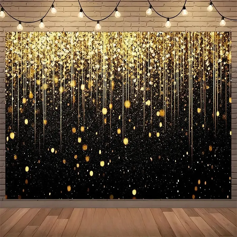 Black Gold Sequin Backdrop, Elegant Party Banner Featuring Golden Sequins, String Lights And Glamorous Celebration Design, Perfect For New Year Events, Christmas Parties, Photography Backgrounds, Photo Booths And Event Decor