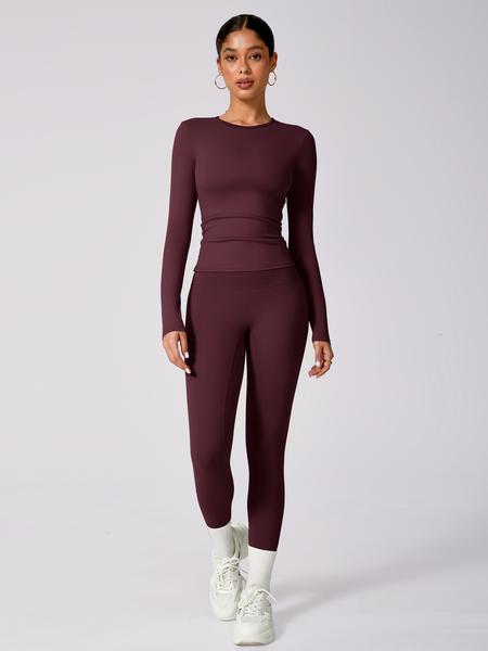 Women's Solid Long Sleeve Tee & High Waist Leggings Tracksuit Set, Sporty Round Neck Top & Skinny Pants Outfits for Gym Workout Running, Ladies Fall & Winter Sportswear, Sweatsuit Sets