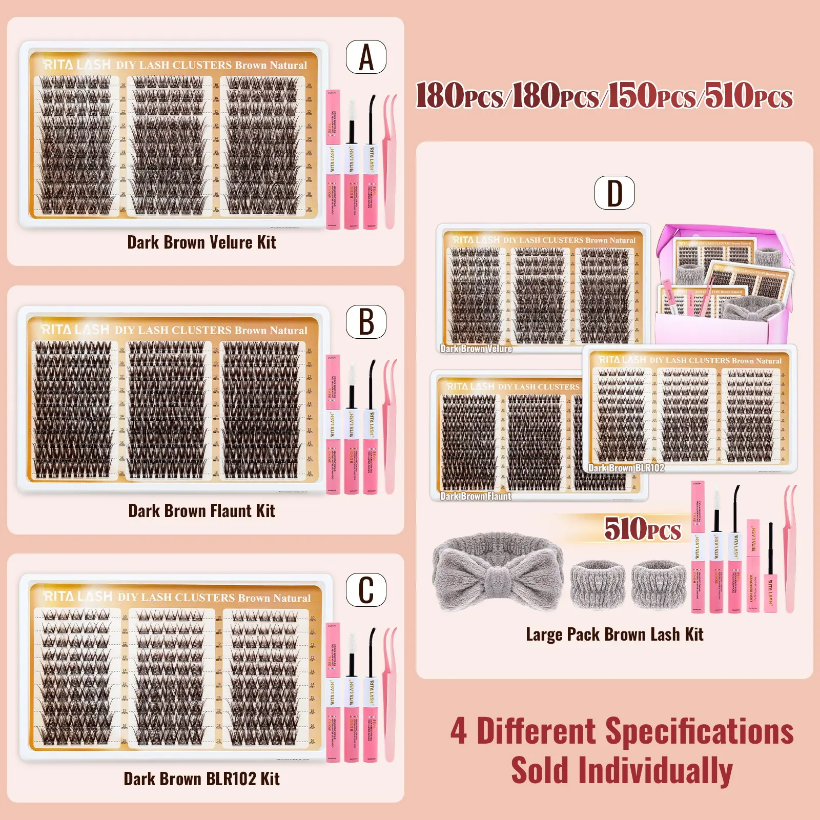 RITALASH 510Pcs D Curl Large Capacity DIY Eyelash Clusters 3 Trays Dark Brown Lashes Natural Eye Makeup Easy To Carry, Reusable, with Make Up Tools Bond&Seal, Remover, Headband, Suitable For Daily Going Out, And Holidays (Velure-Flaunt-BLR102)