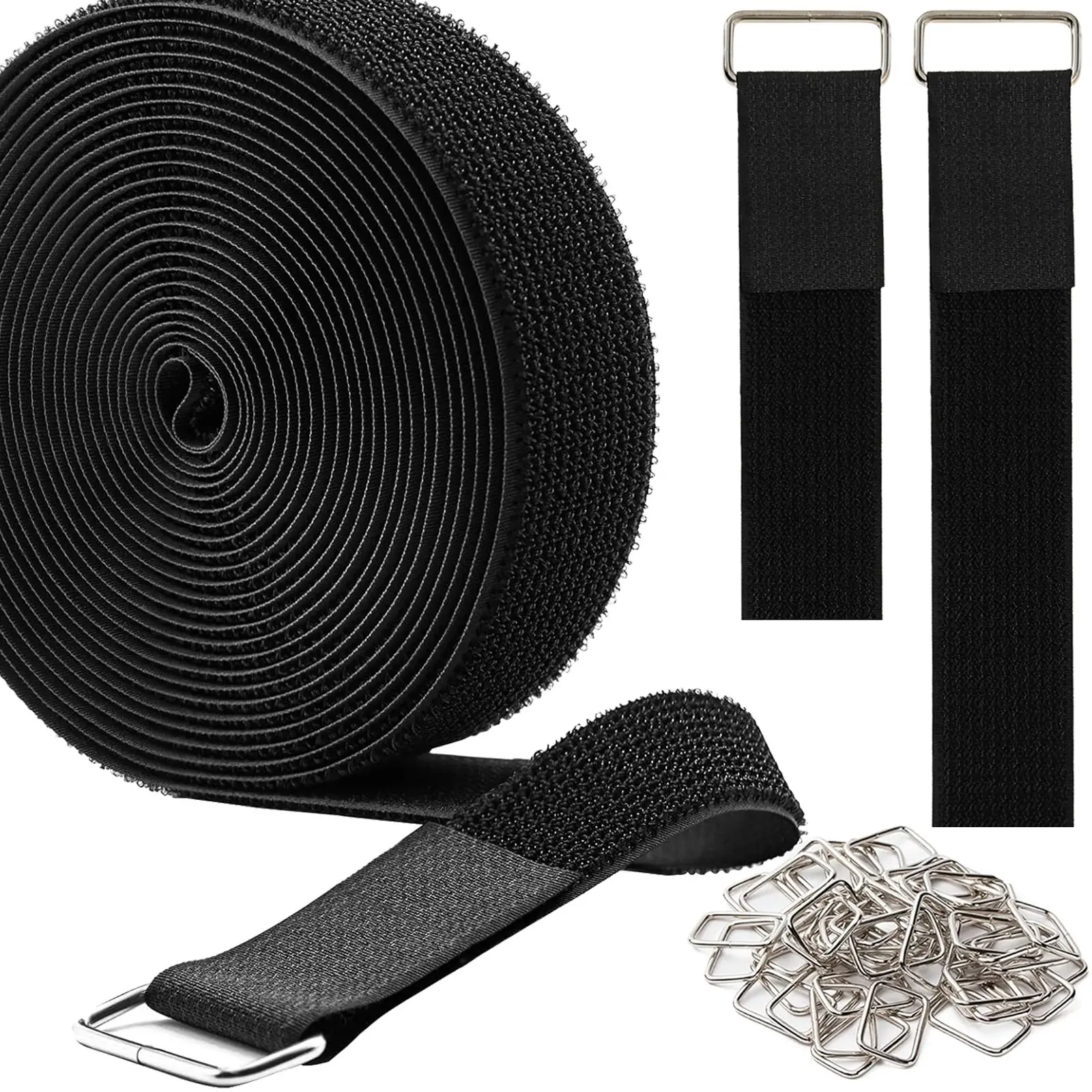 1.5In x 16Ft Cinch Straps Heavy Duty With 20 Buckles, Black Nylon Hook and Loop Straps, Reusable Long Cable Ties for Organizer or Storage