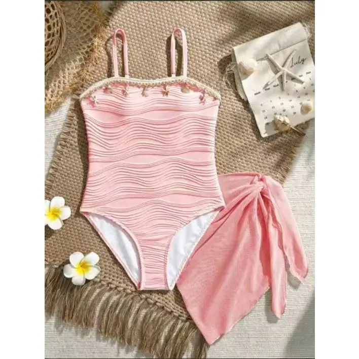 Girls' Polyester Sleeveless 1-Piece Swimsuit - Bohemian Beachwear with Textured Mesh Skirt, Shell Print, Ruffle Details, Cold Wash Compatible, for Youth Sizes 8y,10y,11y,12y Summer Vacations, Swimsuits, One Piece Swimsuits