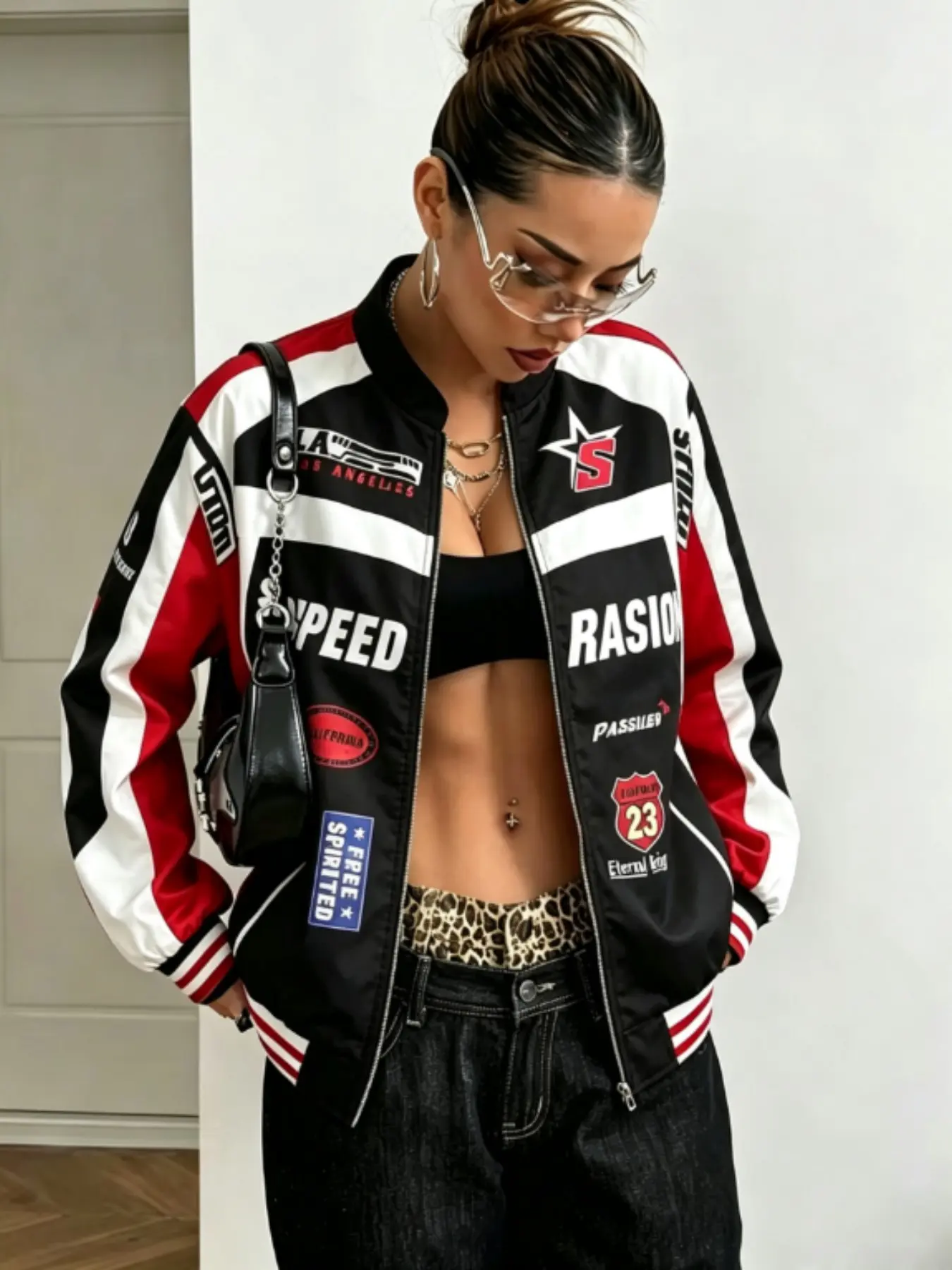 Women's Black Red White Racing Bomber Casual Jacket Color Block Patch Graphic Streetwear Y2K Coat