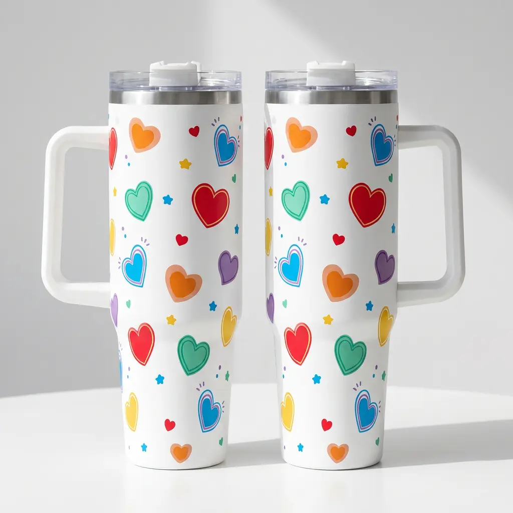 40oz Stainless Steel Reusable Leakproof Insulated Vacuum Flask - Portable Daily Use Tumbler with Handle, Lid, Straw, Rainbow Heart Printed Kitchenware Drinkware