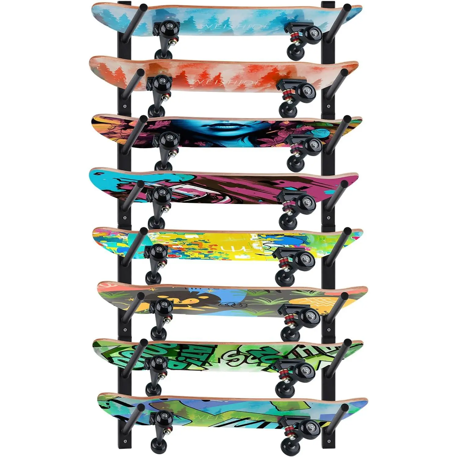 Minimalist Industrial Decor Skateboard Wall Mount Rack, Horizontal Snowboard Organiser for Garage, Bedroom Home Storage & Display, Steel, Hanging, Artistic, Installation, Horizontal Layout, Hangable