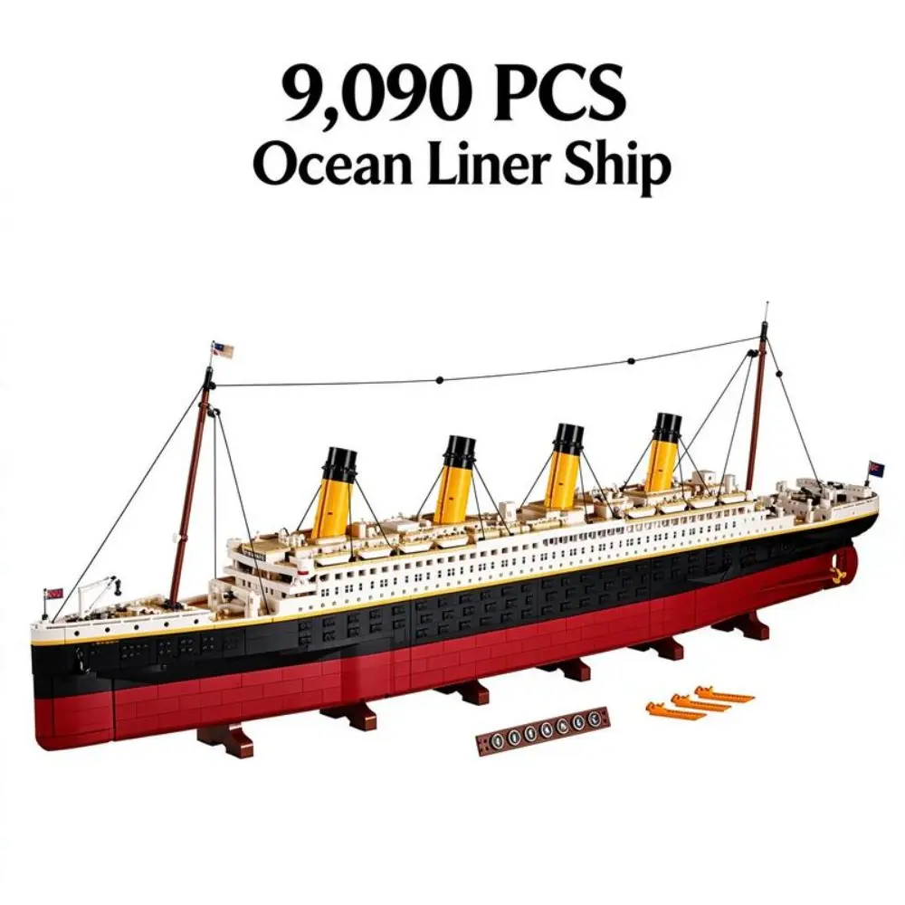 9090 Pcs Vintage Ocean Liner Building Kit, Classic Steamship Model with Multi-Funnels and Detailed Deck, Large Maritime Architecture Set, Collectible Display Toy for Adults